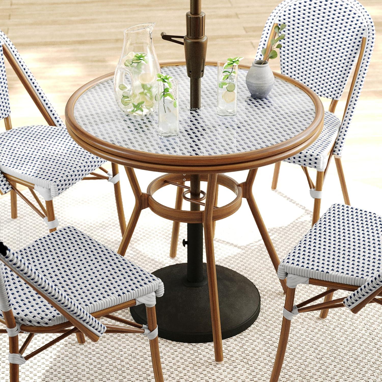 imageMartha Stewart Lily Pond 3 Piece IndoorOutdoor Black and White Woven Rattan Bistro Set with Natural Woodgrain Aluminum Frames and Tempered Glass TabletopNavy WhiteNatural Frame