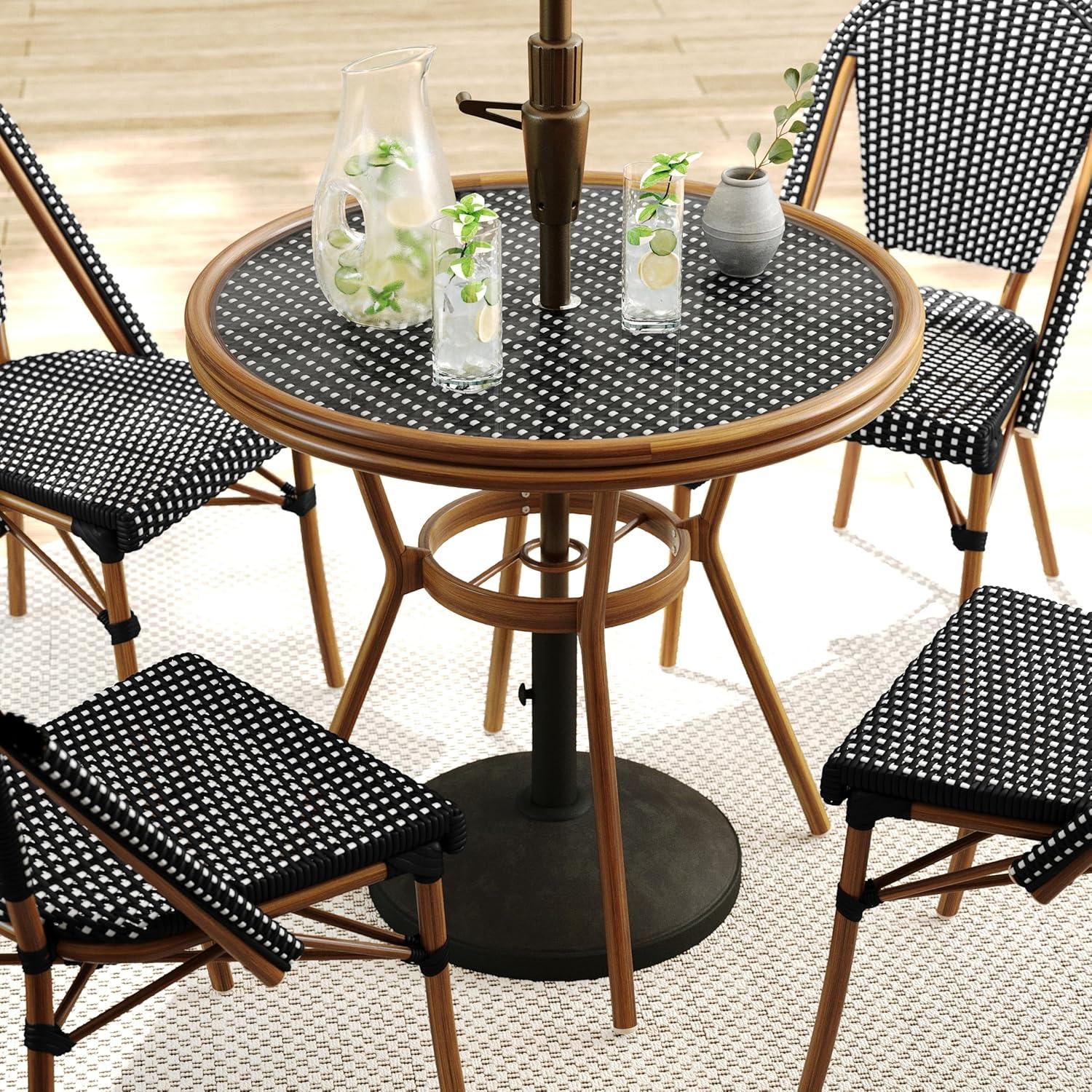 imageMartha Stewart Lily Pond 3 Piece IndoorOutdoor Black and White Woven Rattan Bistro Set with Natural Woodgrain Aluminum Frames and Tempered Glass TabletopBlack WhiteNatural Frame