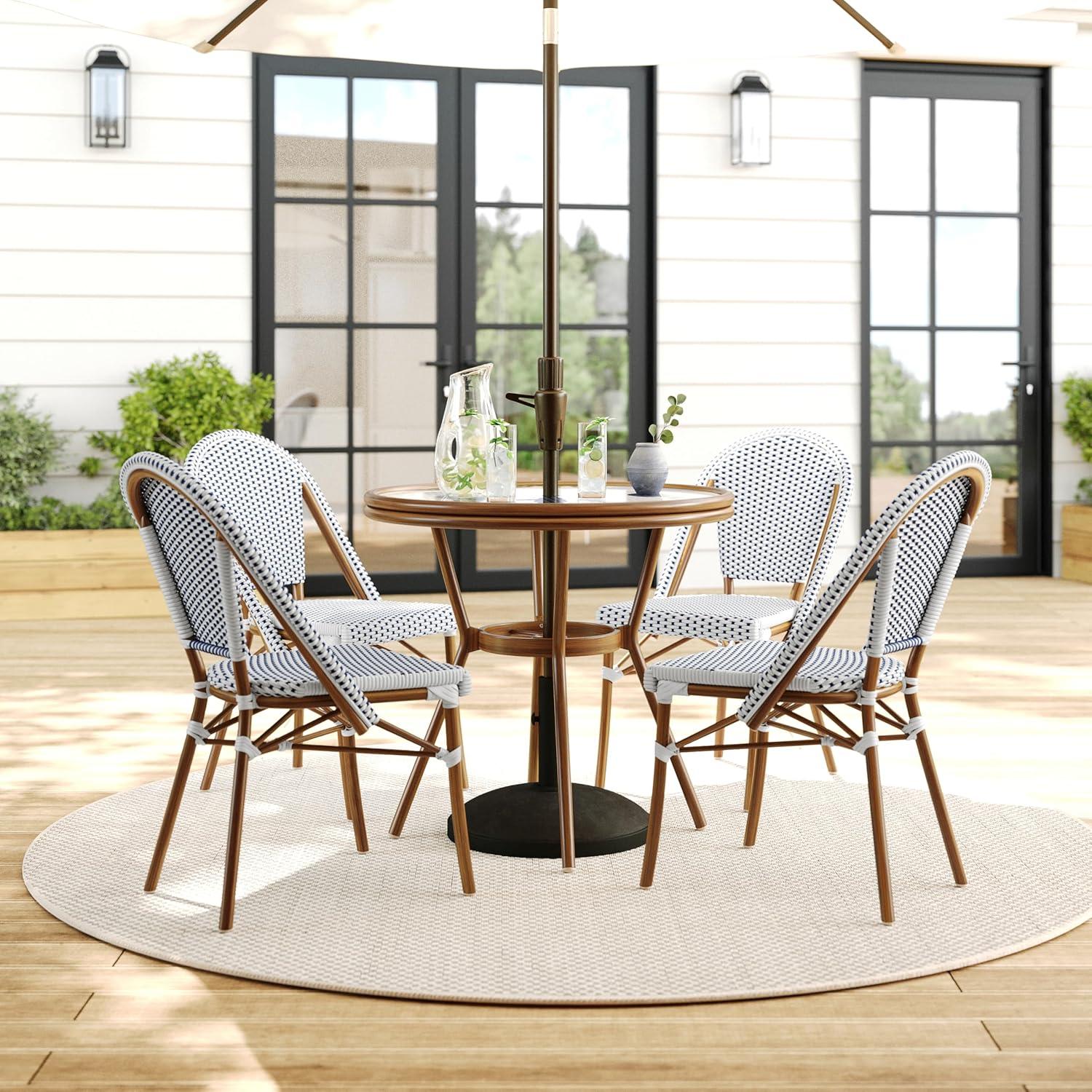 imageMartha Stewart Lily Pond 3 Piece IndoorOutdoor Black and White Woven Rattan Bistro Set with Natural Woodgrain Aluminum Frames and Tempered Glass TabletopNavy WhiteNatural Frame