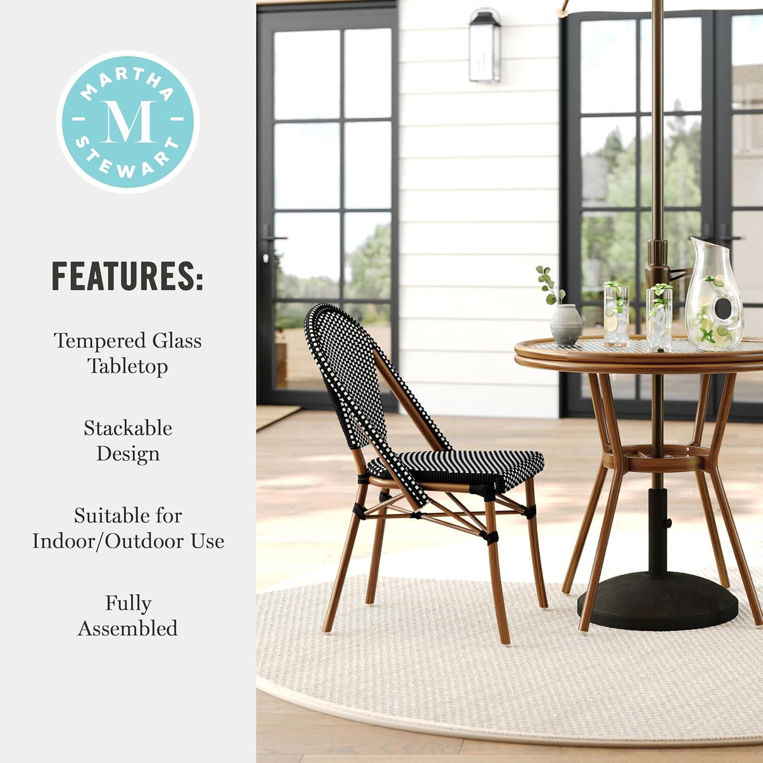 imageMartha Stewart Lily Pond 3 Piece IndoorOutdoor Black and White Woven Rattan Bistro Set with Natural Woodgrain Aluminum Frames and Tempered Glass TabletopBlack WhiteNatural Frame