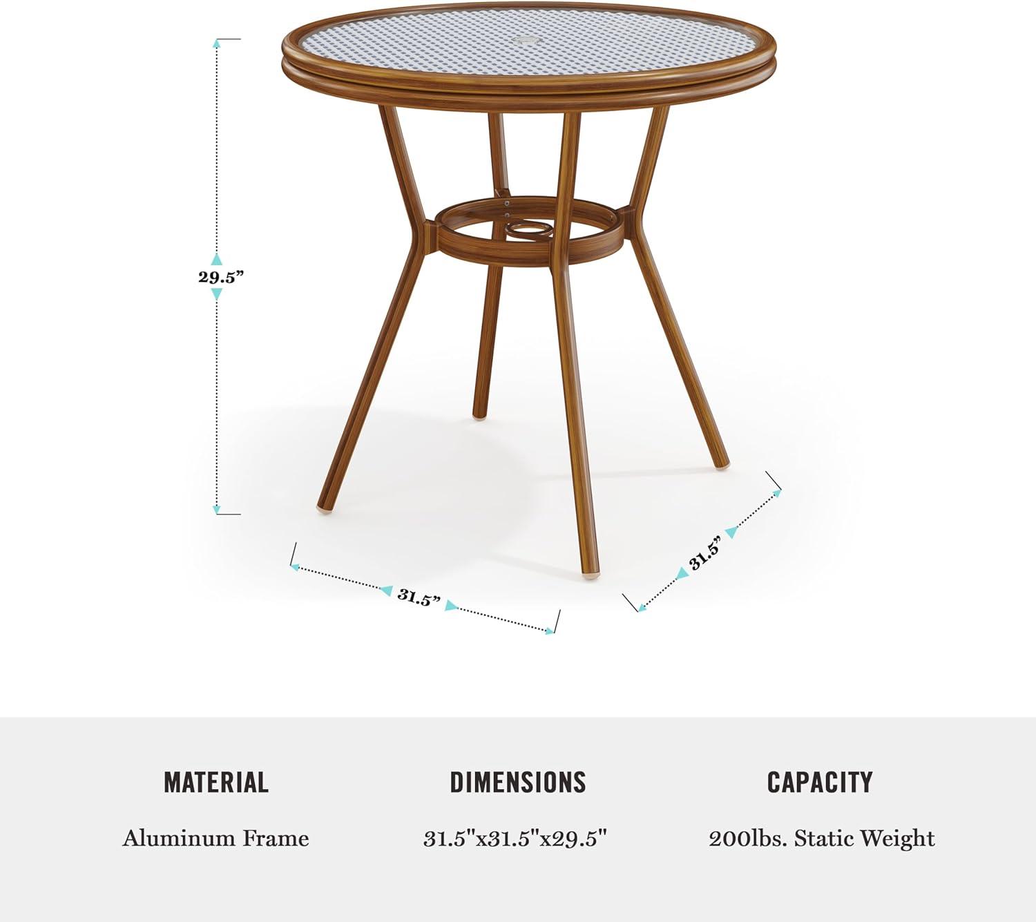 imageMartha Stewart Lily Pond 3 Piece IndoorOutdoor Black and White Woven Rattan Bistro Set with Natural Woodgrain Aluminum Frames and Tempered Glass TabletopNavy WhiteNatural Frame