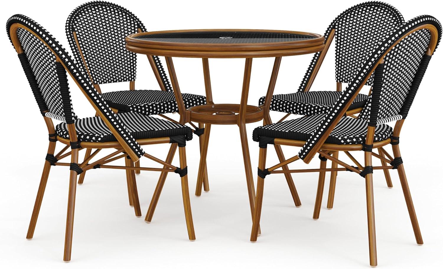 imageMartha Stewart Lily Pond 3 Piece IndoorOutdoor Black and White Woven Rattan Bistro Set with Natural Woodgrain Aluminum Frames and Tempered Glass TabletopBlack WhiteNatural Frame