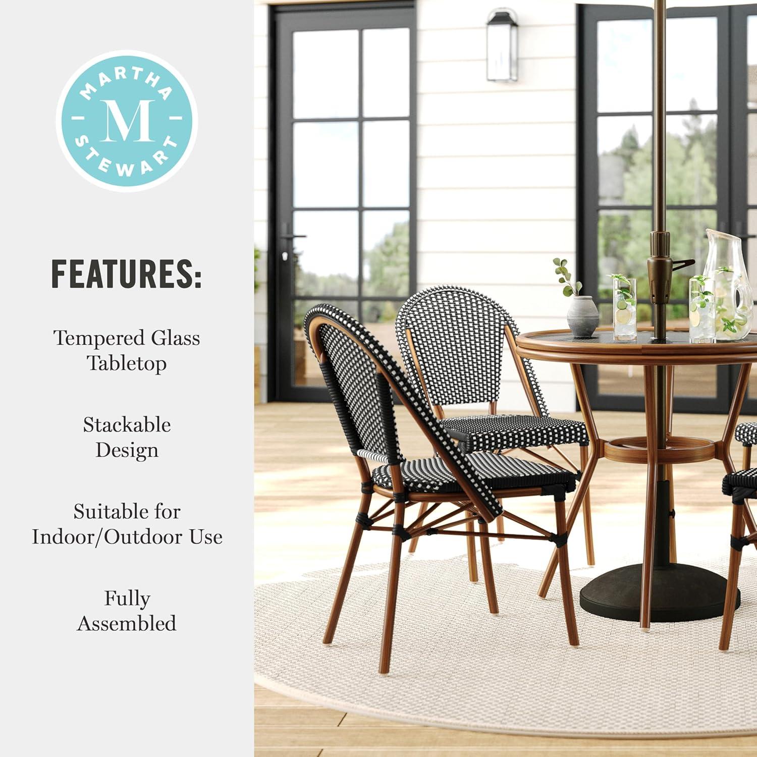imageMartha Stewart Lily Pond 3 Piece IndoorOutdoor Black and White Woven Rattan Bistro Set with Natural Woodgrain Aluminum Frames and Tempered Glass TabletopBlack WhiteNatural Frame