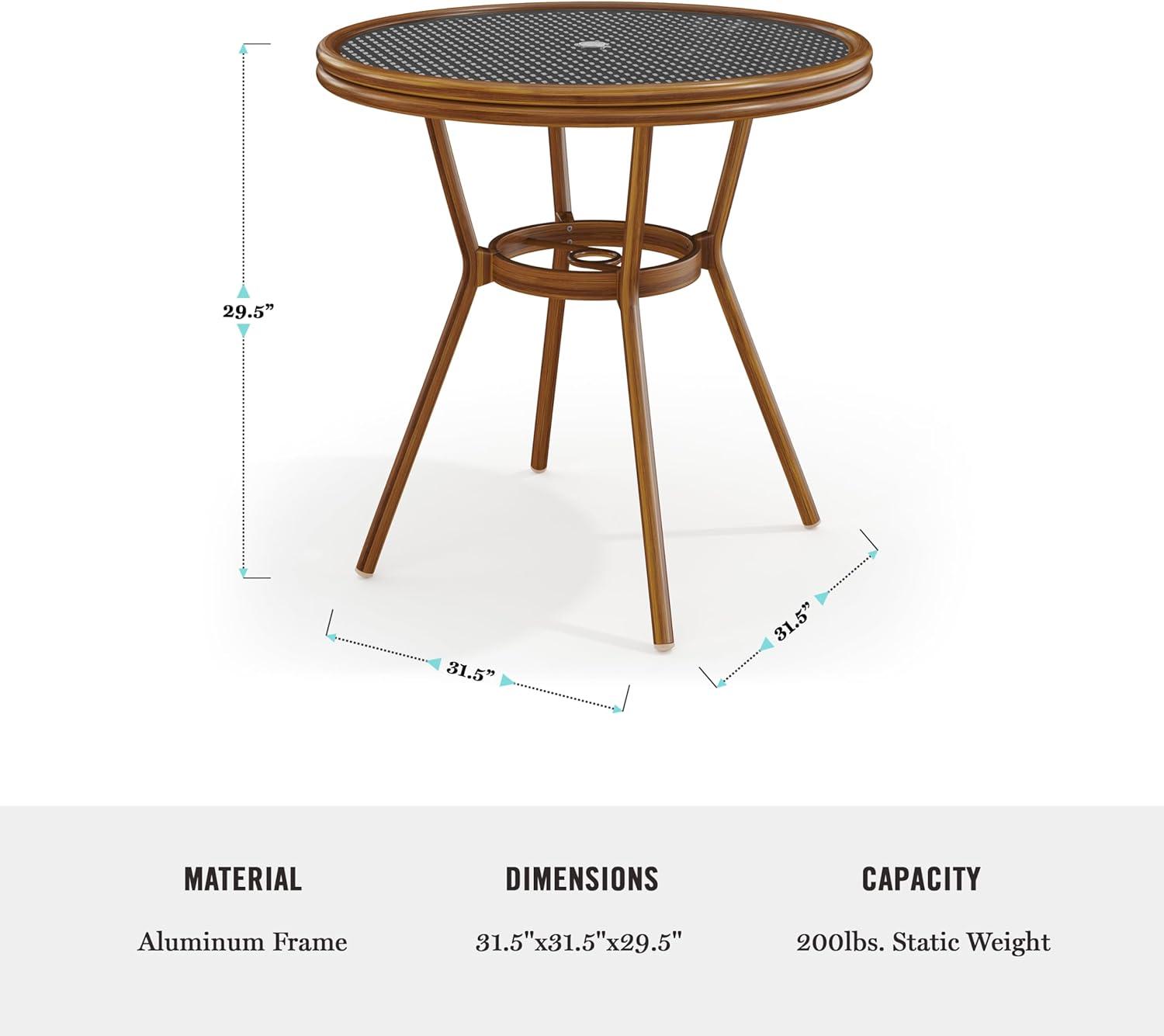 imageMartha Stewart Lily Pond 5 Piece IndoorOutdoor Navy and White Woven Rattan Bistro Set with Natural Woodgrain Aluminum Frames and Tempered Glass TabletopBlack WhiteNatural Frame