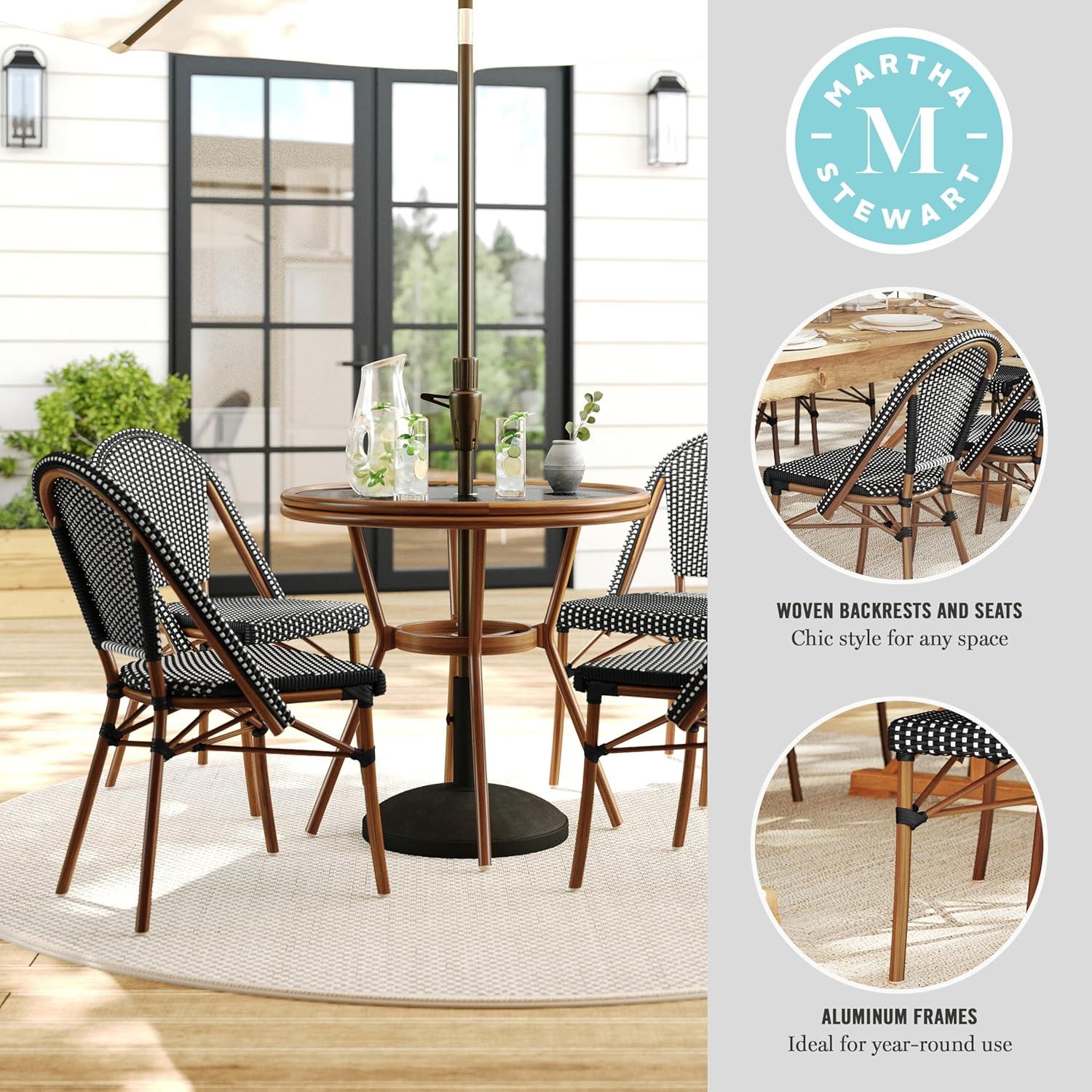 imageMartha Stewart Lily Pond 5 Piece IndoorOutdoor Navy and White Woven Rattan Bistro Set with Natural Woodgrain Aluminum Frames and Tempered Glass TabletopBlack WhiteNatural Frame