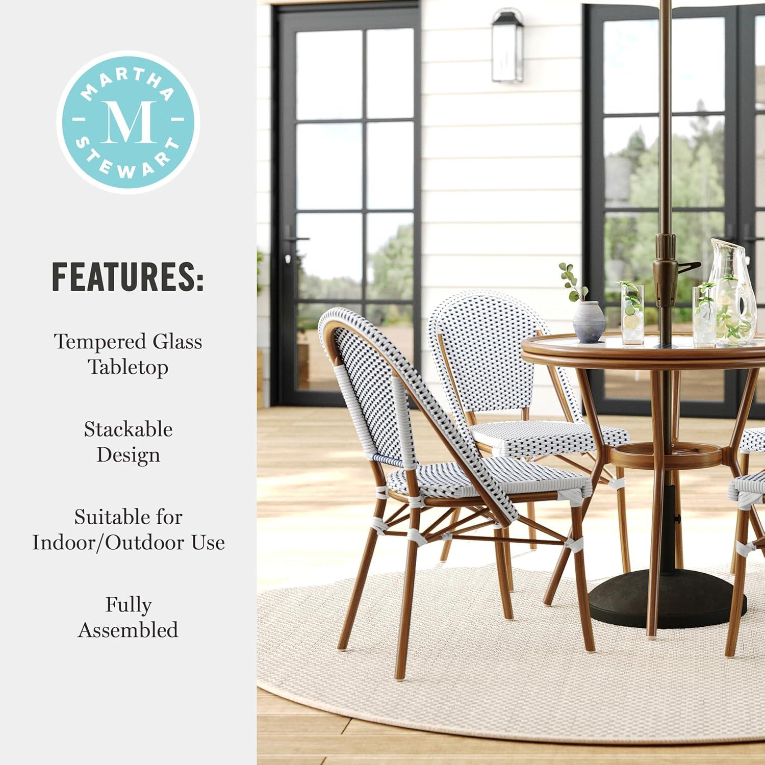 imageMartha Stewart Lily Pond 5 Piece IndoorOutdoor Navy and White Woven Rattan Bistro Set with Natural Woodgrain Aluminum Frames and Tempered Glass TabletopNavy WhiteNatural Frame