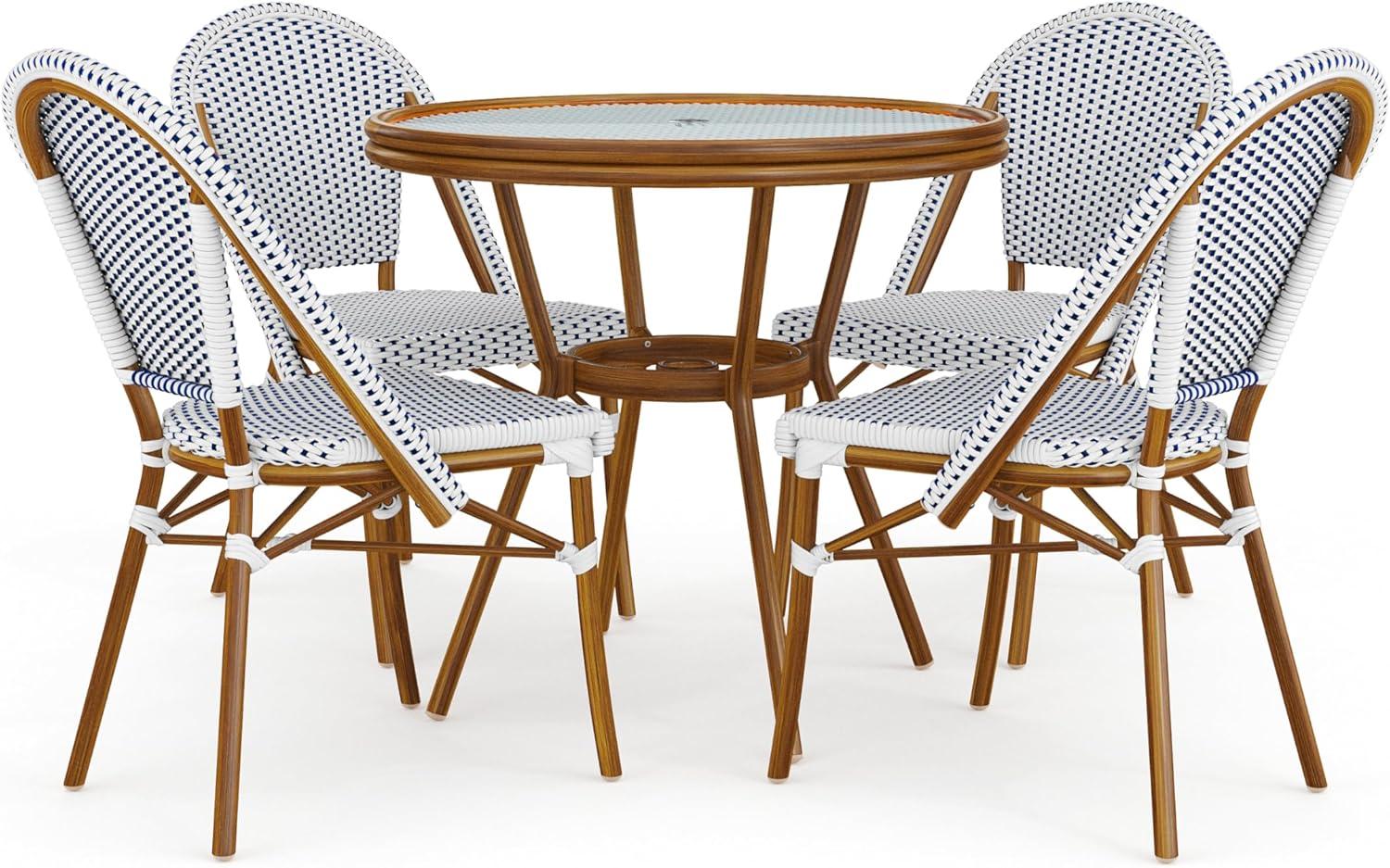imageMartha Stewart Lily Pond 5 Piece IndoorOutdoor Navy and White Woven Rattan Bistro Set with Natural Woodgrain Aluminum Frames and Tempered Glass TabletopNavy WhiteNatural Frame