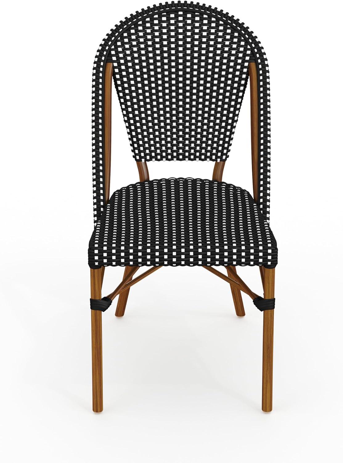 imageMartha Stewart Lily Pond 5 Piece IndoorOutdoor Navy and White Woven Rattan Bistro Set with Natural Woodgrain Aluminum Frames and Tempered Glass TabletopBlack WhiteNatural Frame