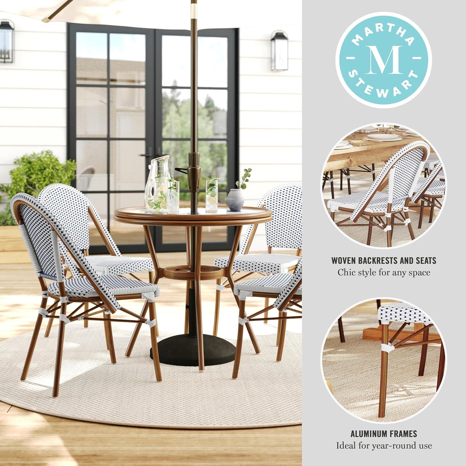 imageMartha Stewart Lily Pond 5 Piece IndoorOutdoor Navy and White Woven Rattan Bistro Set with Natural Woodgrain Aluminum Frames and Tempered Glass TabletopNavy WhiteNatural Frame