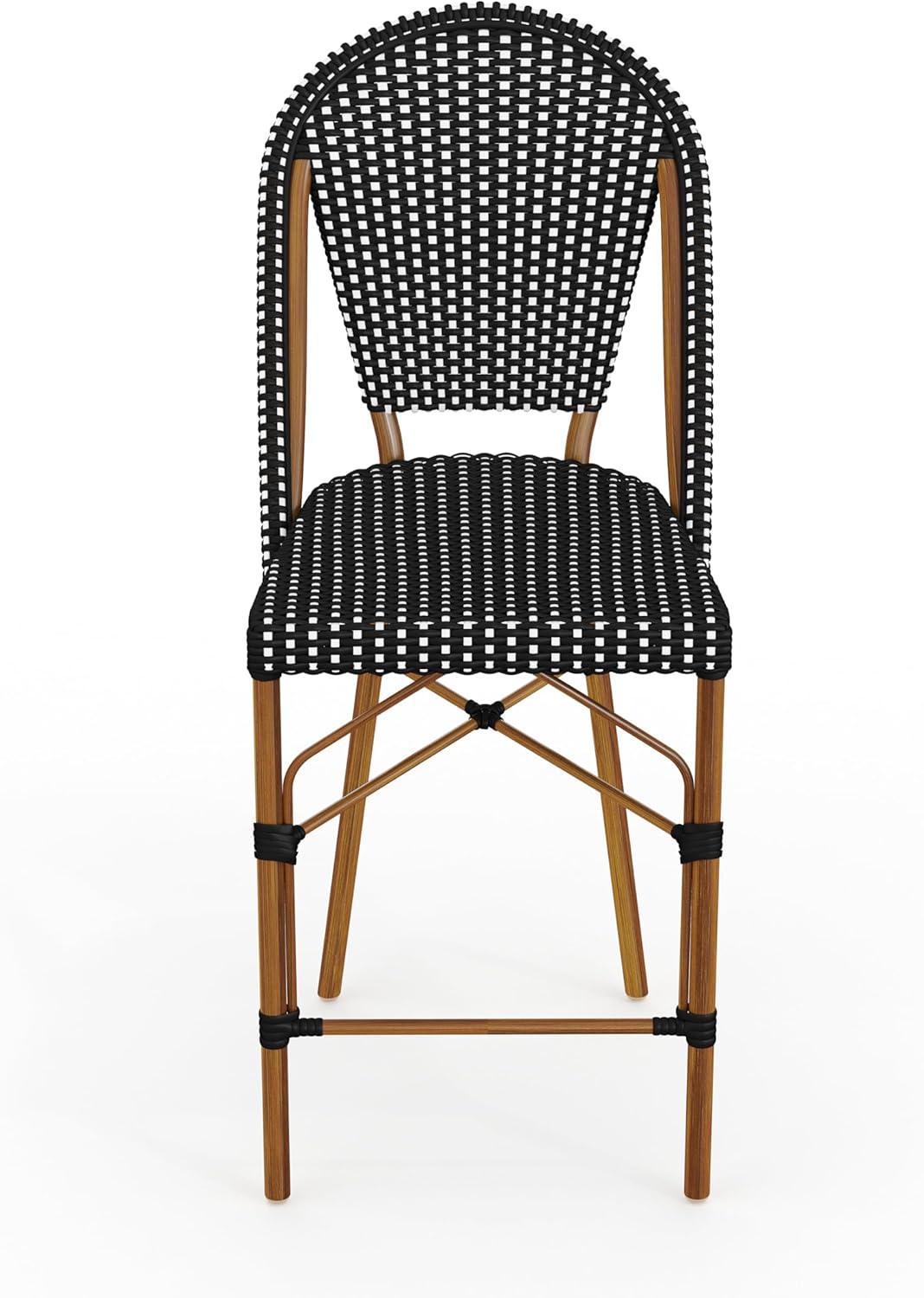 imageMartha Stewart Lily Pond IndoorOutdoor Stackable Counter Stool with Natural Woodgrain Aluminum Frame Finish and WhiteNavy Woven Rattan Backrest and SeatBlack WhiteNatural Frame