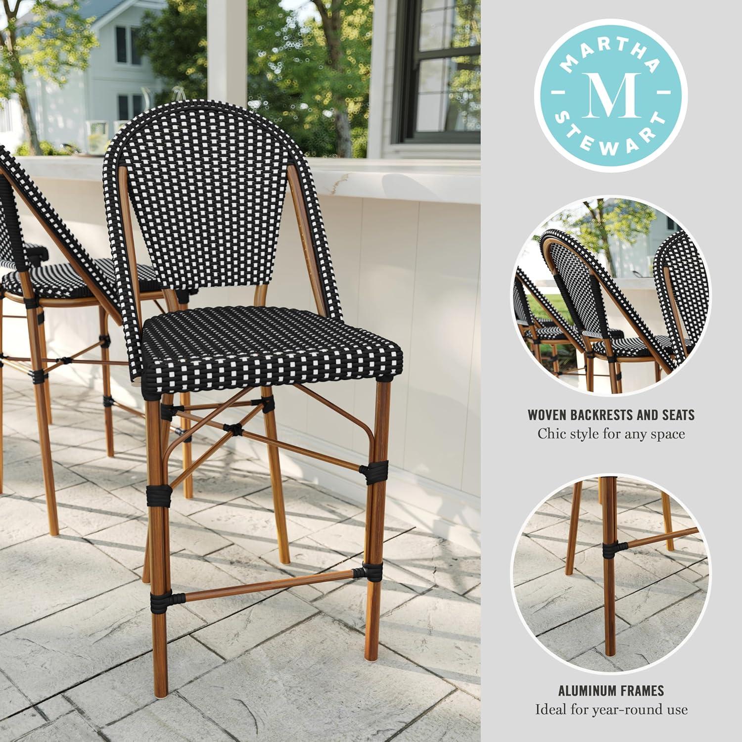 imageMartha Stewart Lily Pond IndoorOutdoor Stackable Counter Stool with Natural Woodgrain Aluminum Frame Finish and WhiteNavy Woven Rattan Backrest and SeatBlack WhiteNatural Frame