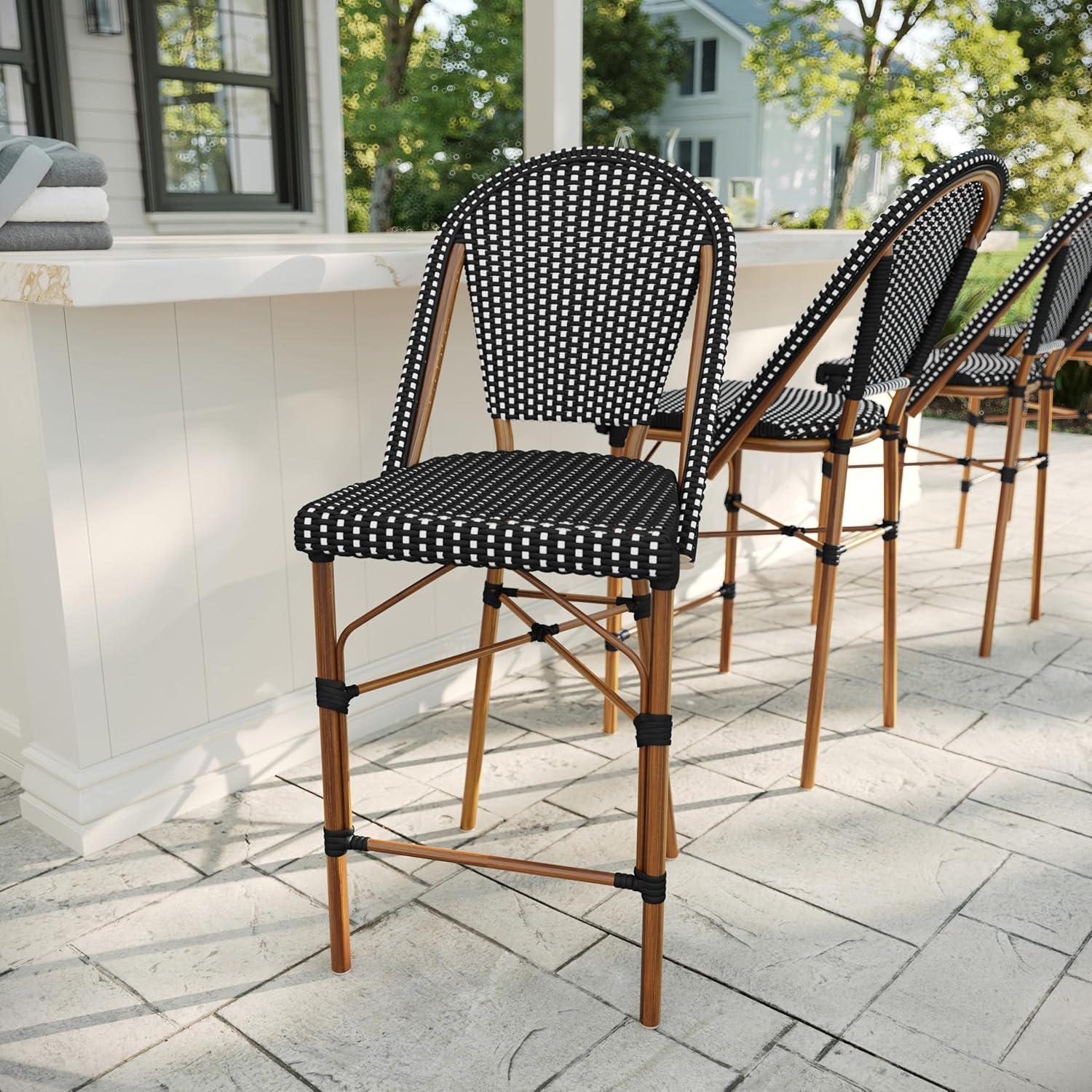 imageMartha Stewart Lily Pond IndoorOutdoor Stackable Counter Stool with Natural Woodgrain Aluminum Frame Finish and WhiteNavy Woven Rattan Backrest and SeatBlack WhiteNatural Frame