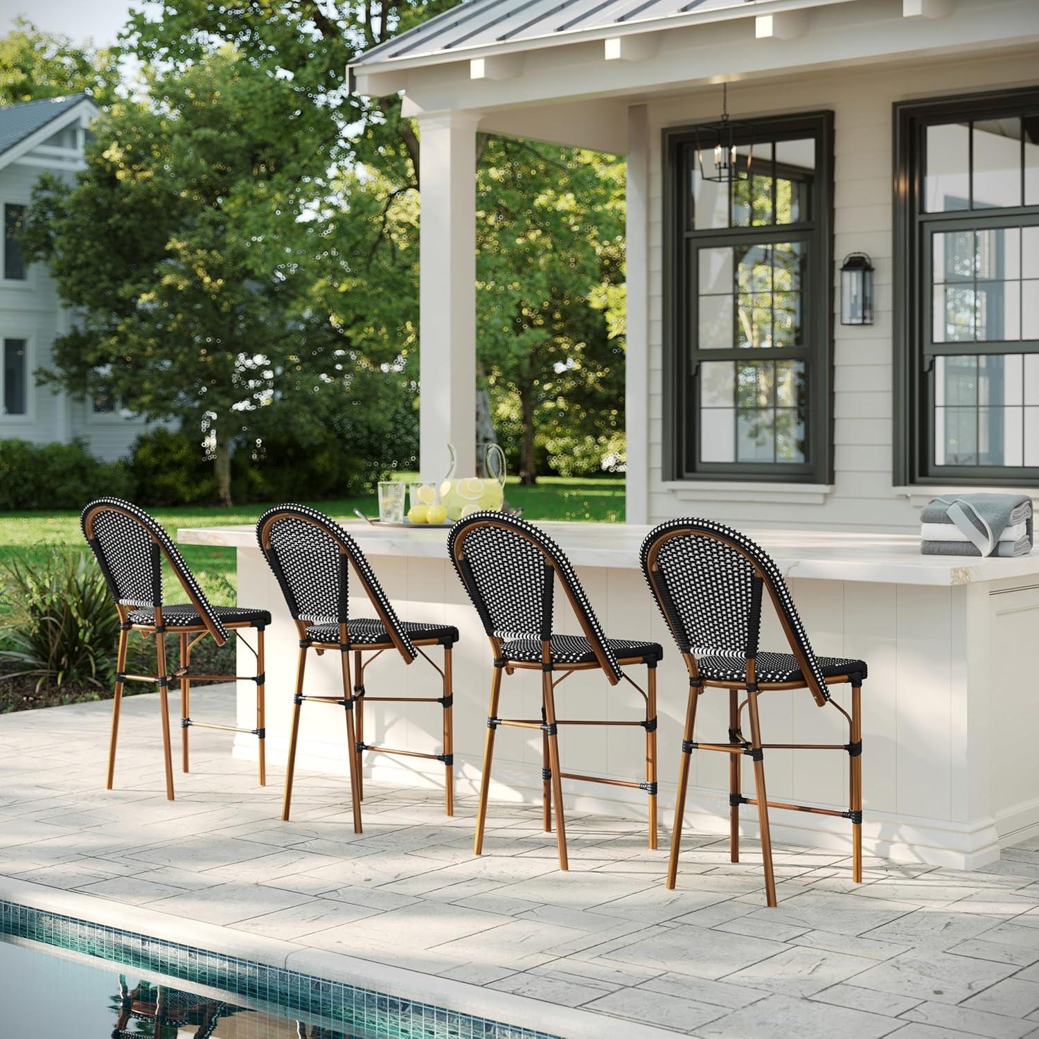 imageMartha Stewart Lily Pond IndoorOutdoor Stackable Counter Stool with Natural Woodgrain Aluminum Frame Finish and WhiteNavy Woven Rattan Backrest and SeatBlack WhiteNatural Frame