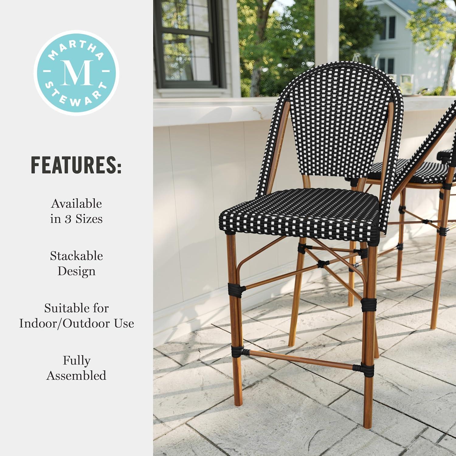 imageMartha Stewart Lily Pond IndoorOutdoor Stackable Counter Stool with Natural Woodgrain Aluminum Frame Finish and WhiteNavy Woven Rattan Backrest and SeatBlack WhiteNatural Frame