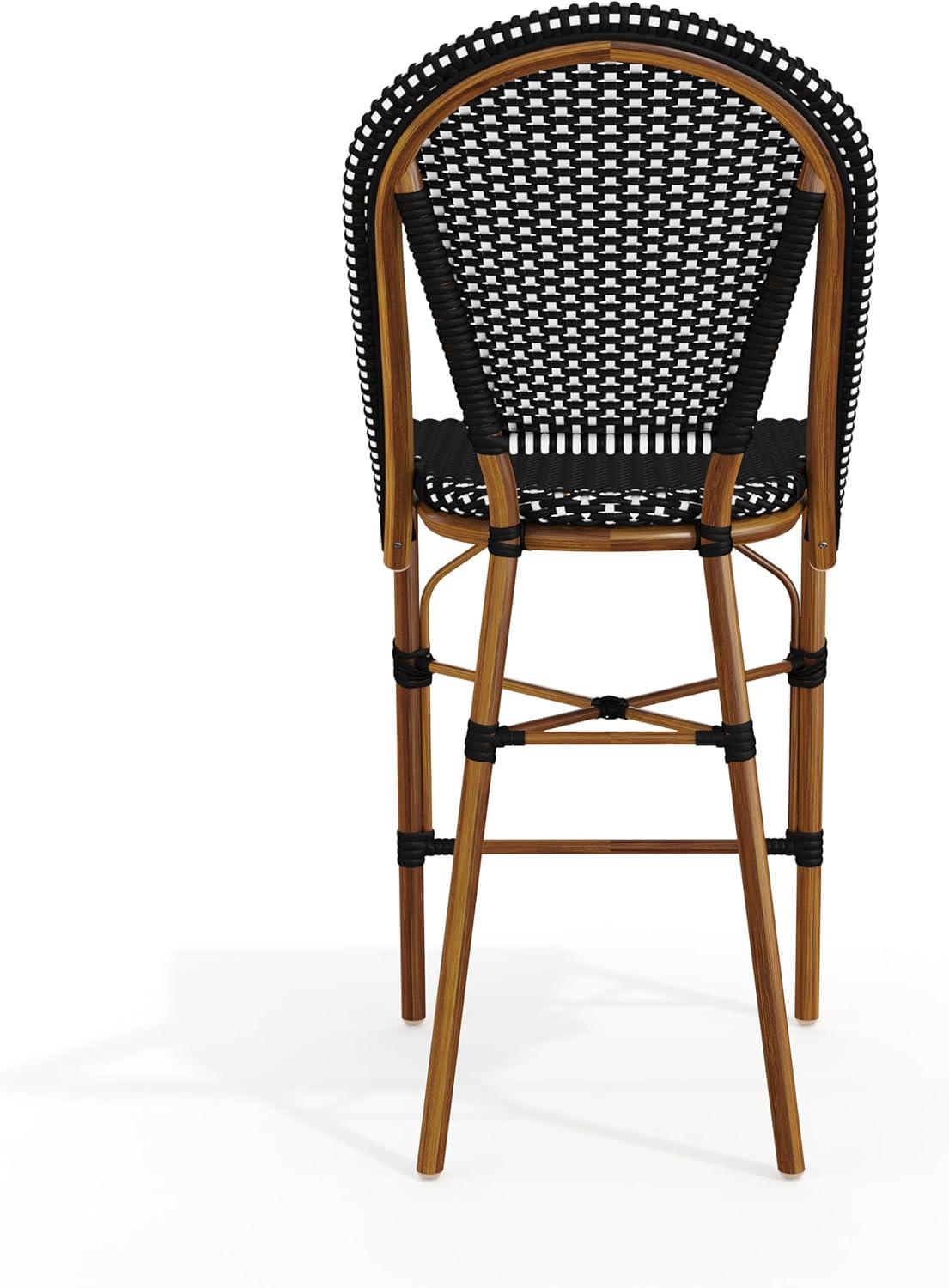 imageMartha Stewart Lily Pond IndoorOutdoor Stackable Counter Stool with Natural Woodgrain Aluminum Frame Finish and WhiteNavy Woven Rattan Backrest and SeatBlack WhiteNatural Frame