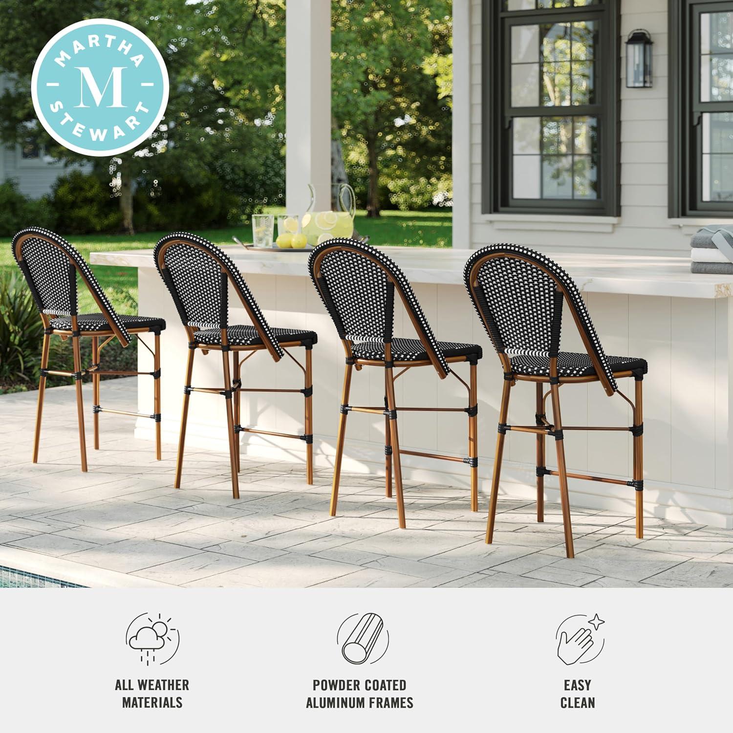 imageMartha Stewart Lily Pond IndoorOutdoor Stackable Counter Stool with Natural Woodgrain Aluminum Frame Finish and WhiteNavy Woven Rattan Backrest and SeatBlack WhiteNatural Frame