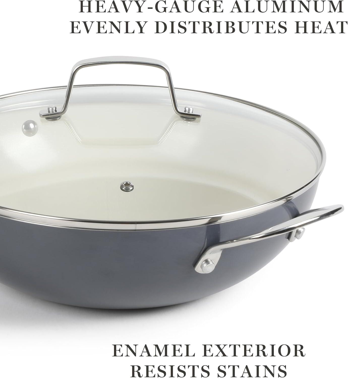 imageMartha Stewart Lockton 12quot Essential Multipurpose Heavy Gauge Aluminum FrypanWok Pan wPFA Free Premium Ceramic Nonstick Interior GreyGrey Essential Pan