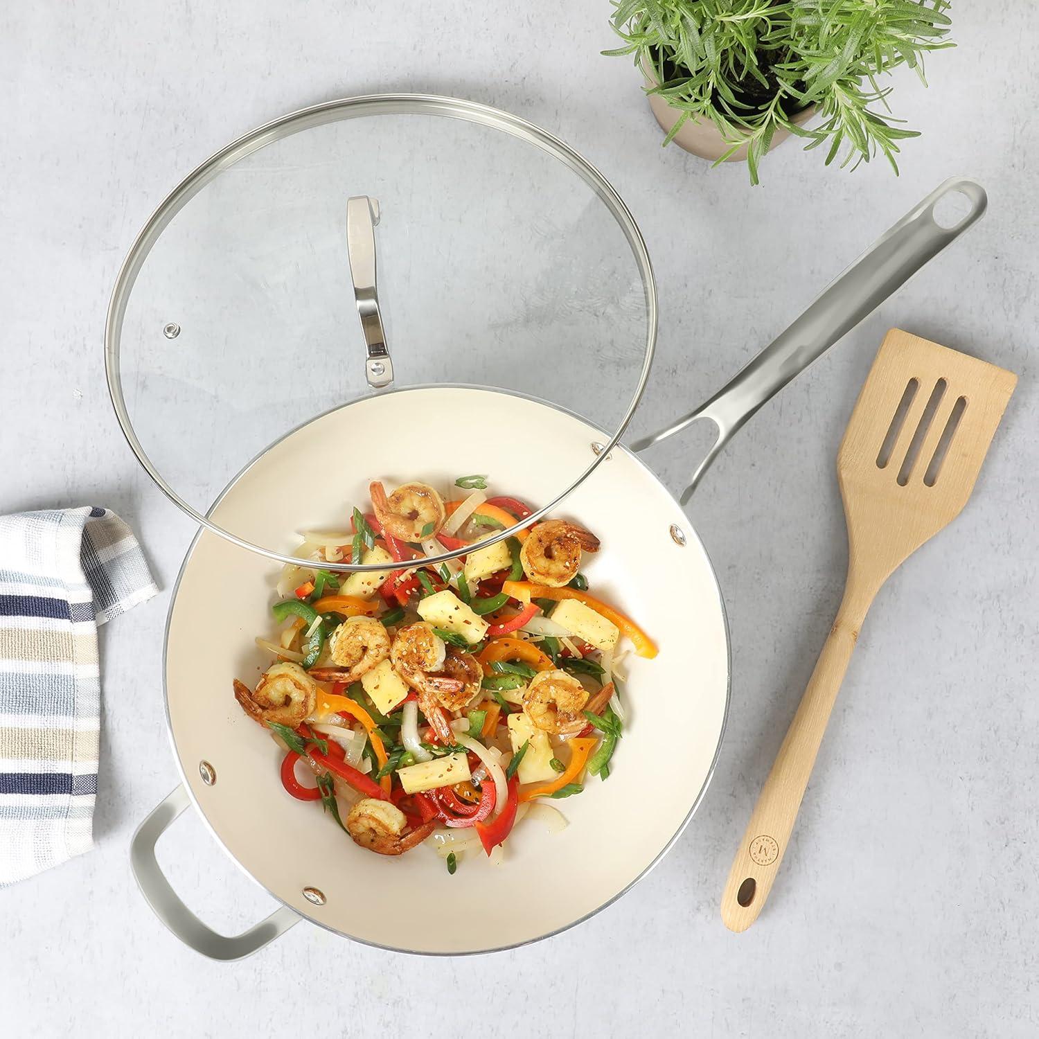 imageMartha Stewart Lockton 12quot Essential Multipurpose Heavy Gauge Aluminum FrypanWok Pan wPFA Free Premium Ceramic Nonstick Interior GreyGrey Essential Pan