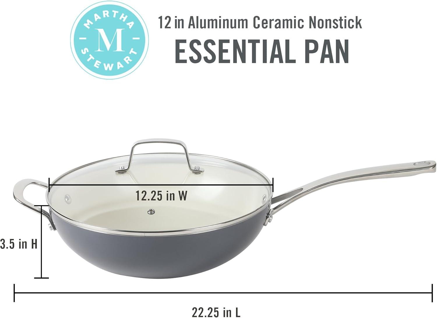 imageMartha Stewart Lockton 12quot Essential Multipurpose Heavy Gauge Aluminum FrypanWok Pan wPFA Free Premium Ceramic Nonstick Interior GreyGrey Essential Pan