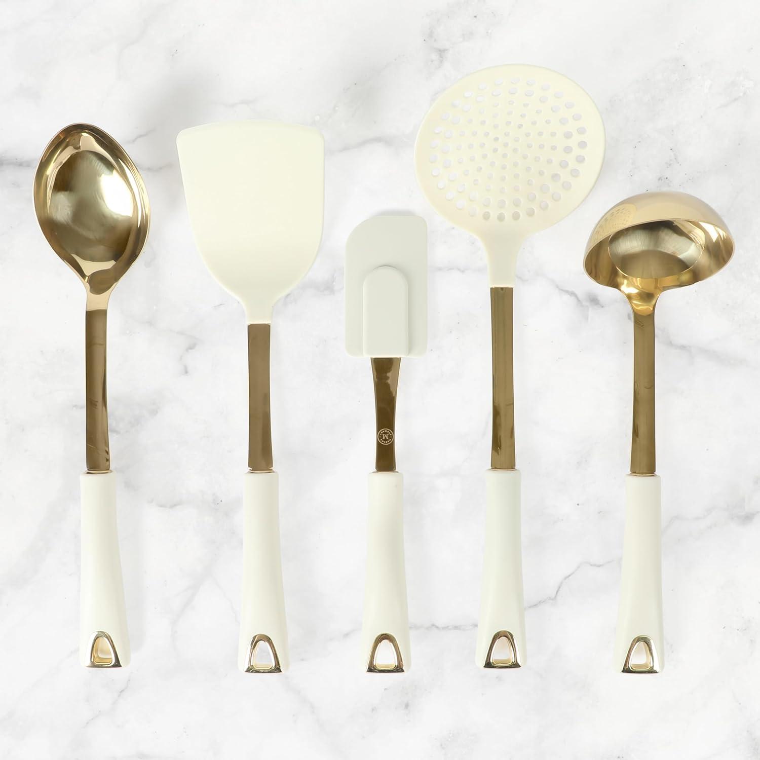 imageMartha Stewart Lockton 5Piece Kitchen Tool Set Stainless Steel ampamp Nylon Cooking Utensils with Linen Handles and Gold Accents Durable HeatResistant Kitchen Gadgets