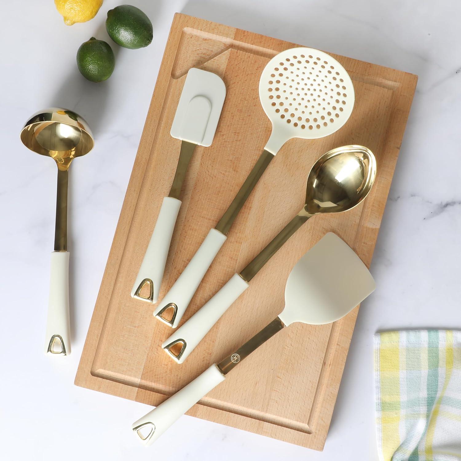 imageMartha Stewart Lockton 5Piece Kitchen Tool Set Stainless Steel ampamp Nylon Cooking Utensils with Linen Handles and Gold Accents Durable HeatResistant Kitchen Gadgets