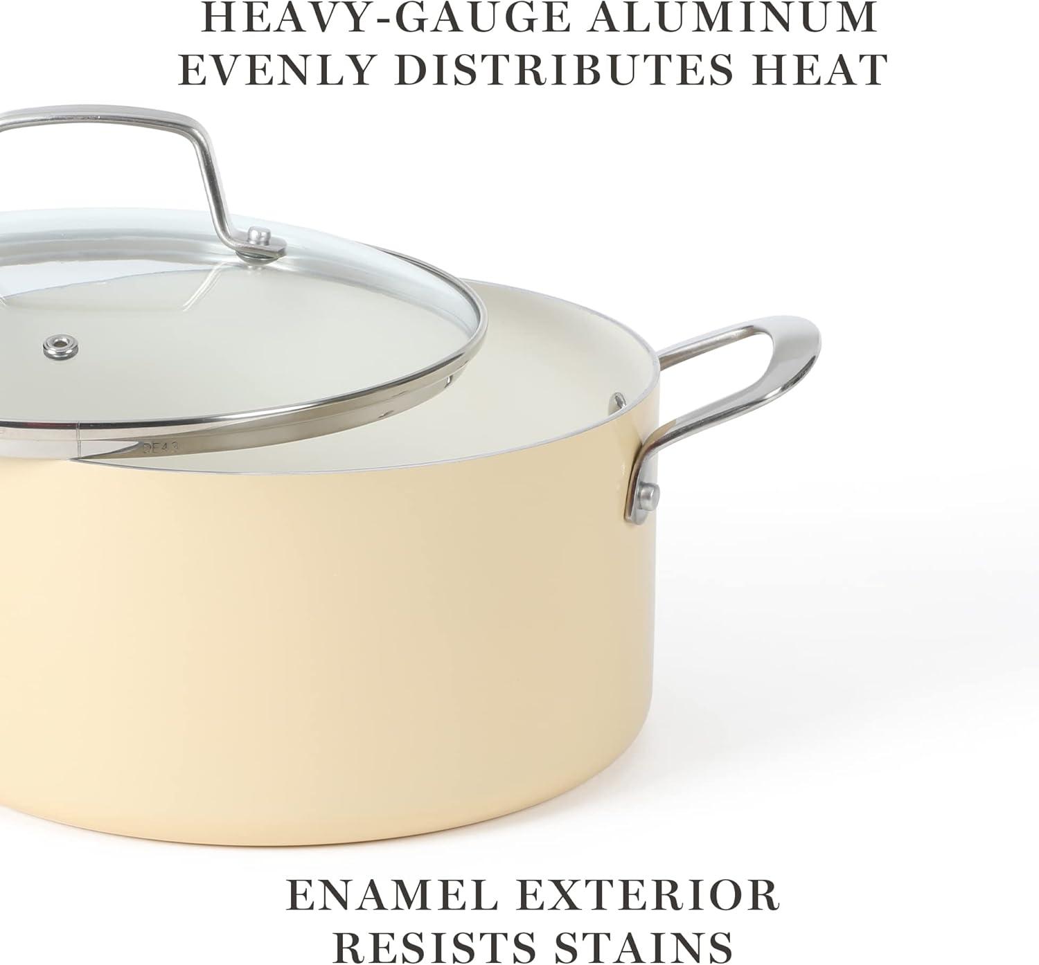 imageMartha Stewart Lockton Premium Nonstick 10 Piece Enamel Heavy Gauge Aluminum Pots and Pans Cookware Set Linen WhiteButter Cream