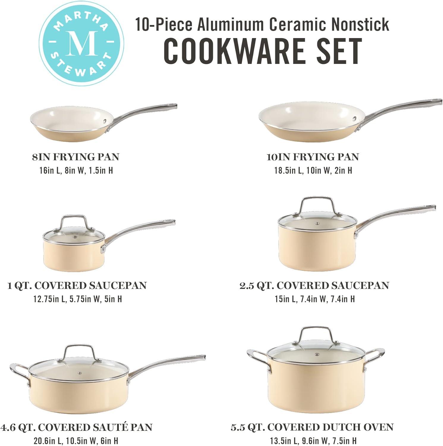 imageMartha Stewart Lockton Premium Nonstick 10 Piece Enamel Heavy Gauge Aluminum Pots and Pans Cookware Set Linen WhiteButter Cream