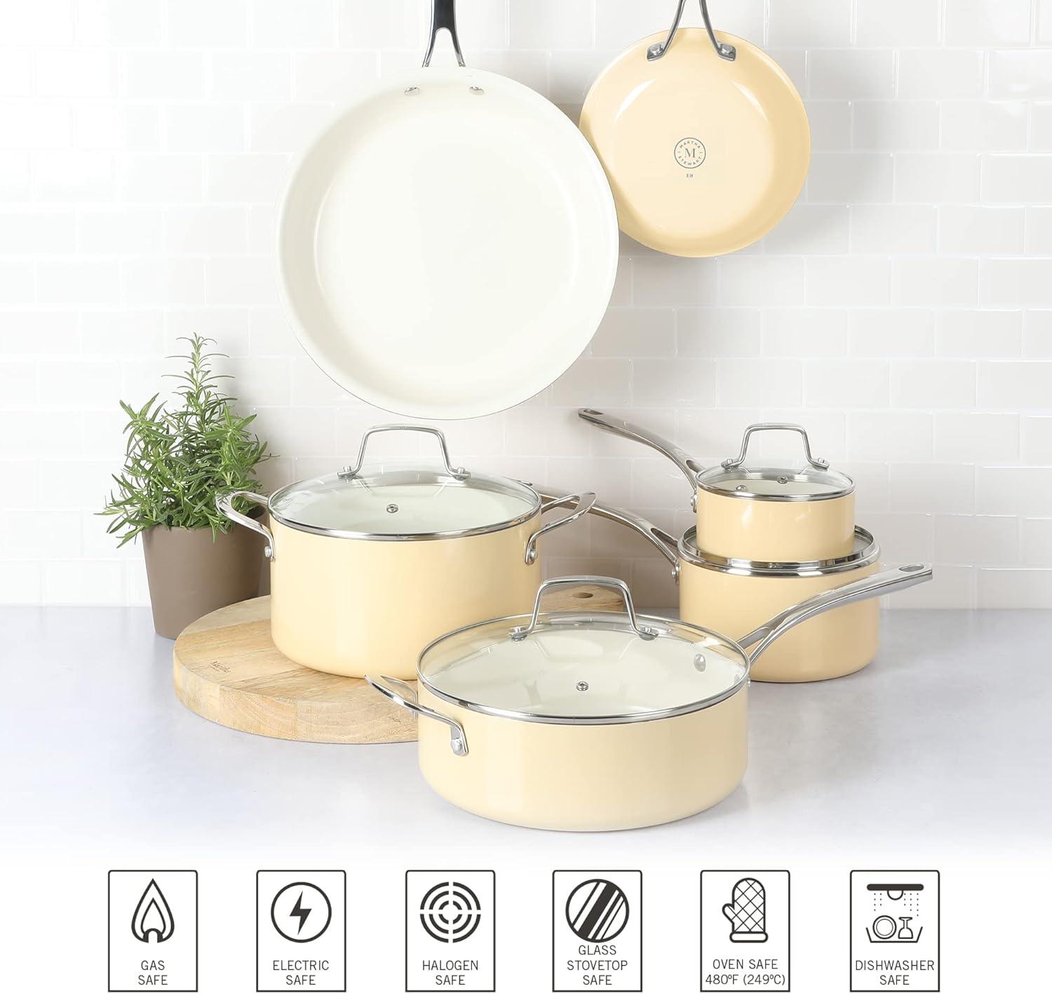 imageMartha Stewart Lockton Premium Nonstick 10 Piece Enamel Heavy Gauge Aluminum Pots and Pans Cookware Set Linen WhiteButter Cream
