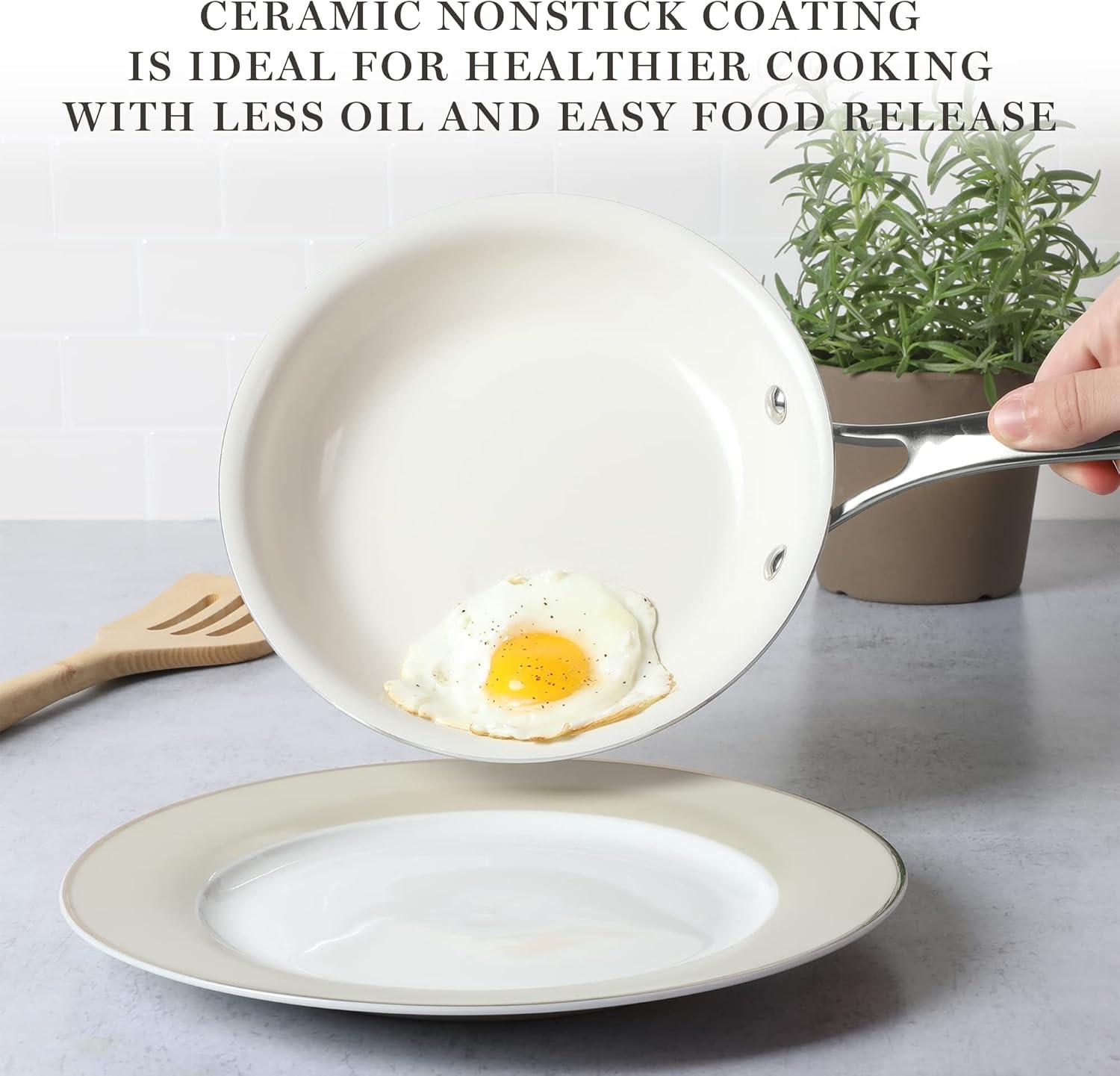 imageMartha Stewart Lockton Premium Nonstick 10 Piece Enamel Heavy Gauge Aluminum Pots and Pans Cookware Set Linen WhiteButter Cream