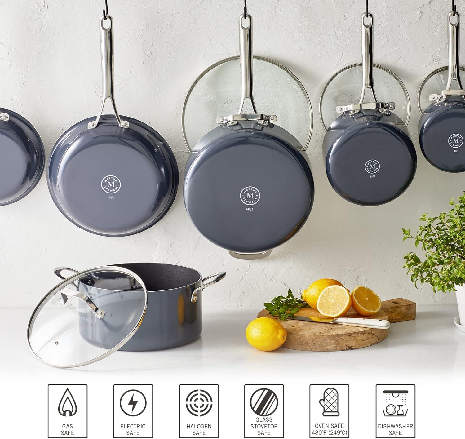 imageMartha Stewart Lockton Premium Nonstick 10 Piece Enamel Heavy Gauge Aluminum Pots and Pans Cookware Set Linen WhiteGray