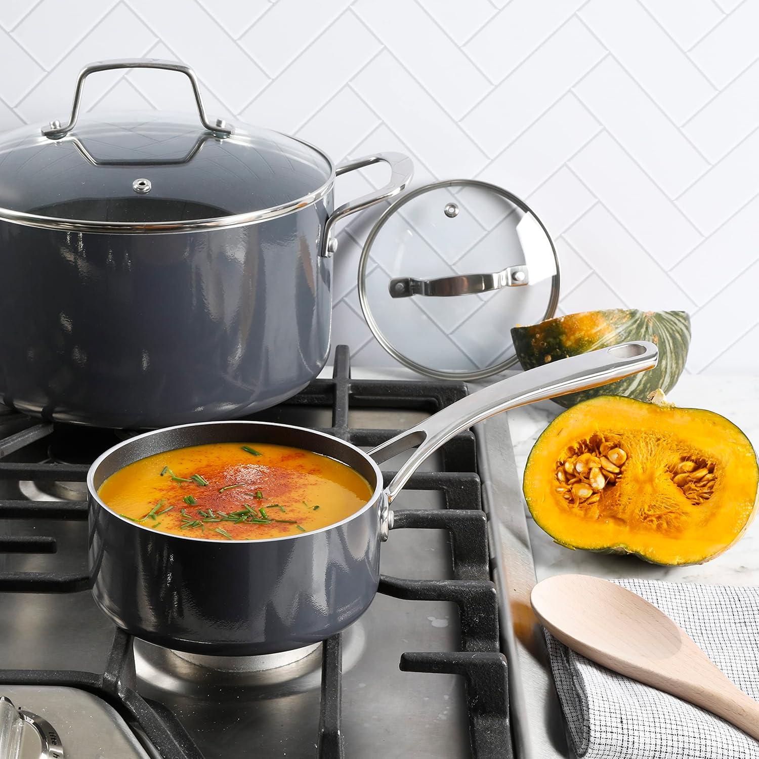 imageMartha Stewart Lockton Premium Nonstick 10 Piece Enamel Heavy Gauge Aluminum Pots and Pans Cookware Set Linen WhiteGray