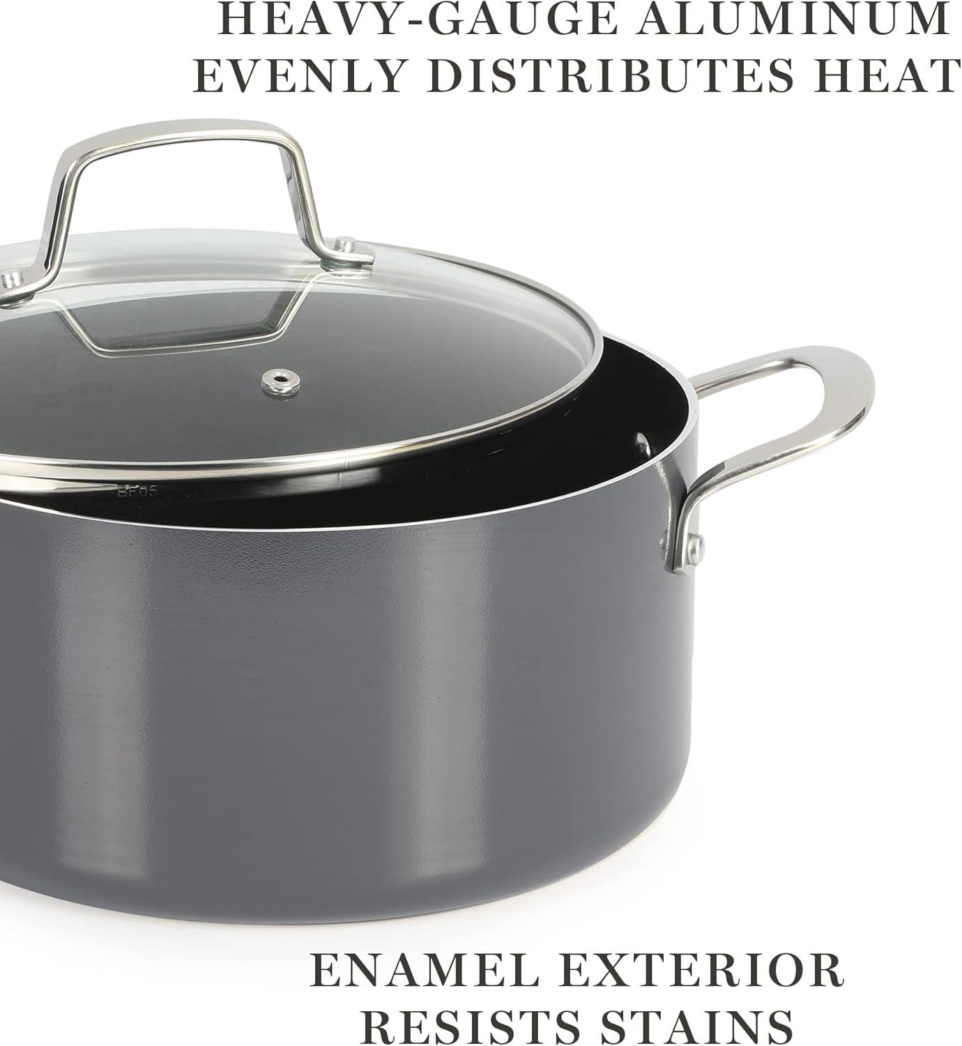 imageMartha Stewart Lockton Premium Nonstick 10 Piece Enamel Heavy Gauge Aluminum Pots and Pans Cookware Set Linen WhiteGray