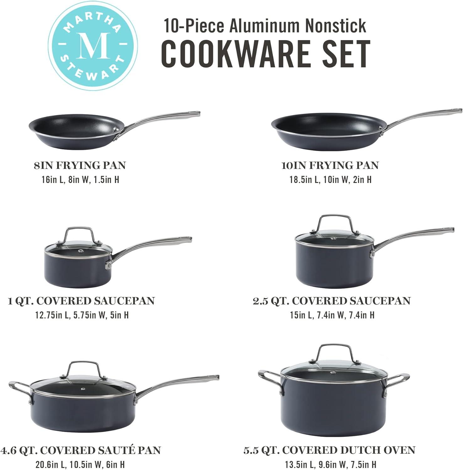 imageMartha Stewart Lockton Premium Nonstick 10 Piece Enamel Heavy Gauge Aluminum Pots and Pans Cookware Set Linen WhiteGray