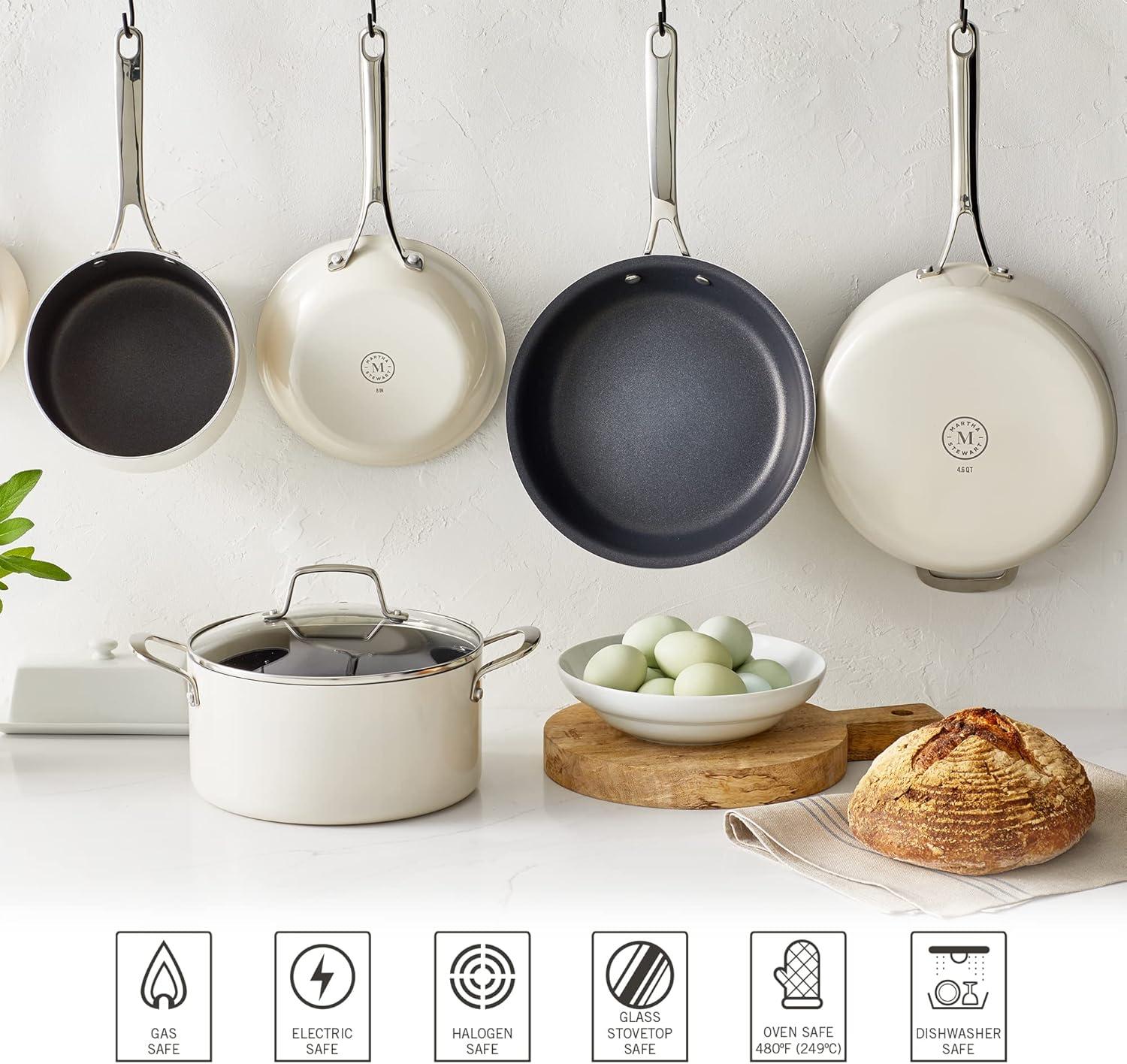 imageMartha Stewart Lockton Premium Nonstick 10 Piece Enamel Heavy Gauge Aluminum Pots and Pans Cookware Set Linen WhiteLinen