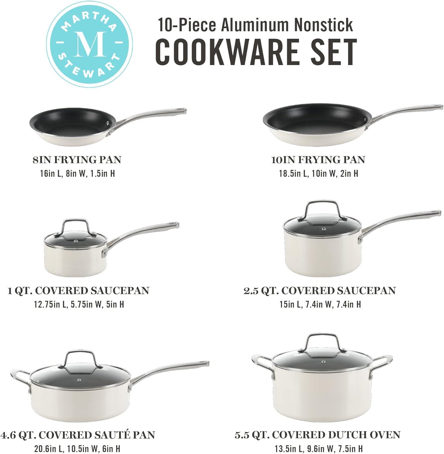 imageMartha Stewart Lockton Premium Nonstick 10 Piece Enamel Heavy Gauge Aluminum Pots and Pans Cookware Set Linen WhiteLinen