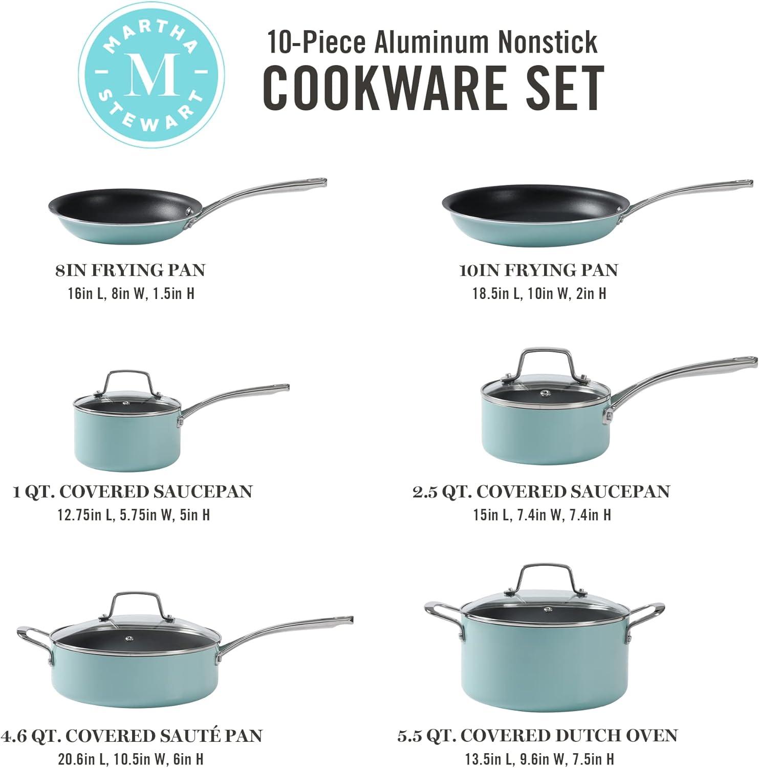 imageMartha Stewart Lockton Premium Nonstick 10 Piece Enamel Heavy Gauge Aluminum Pots and Pans Cookware Set Linen WhiteMartha Blue