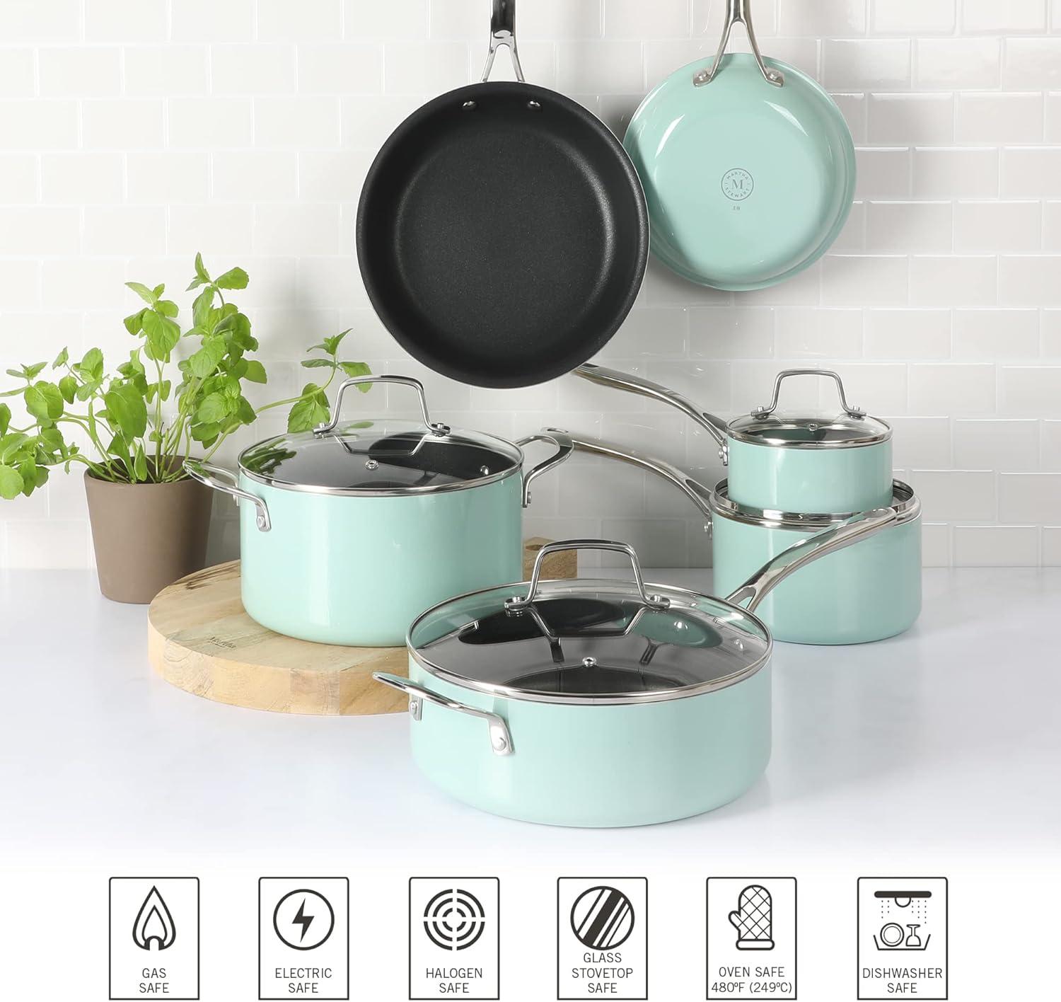 imageMartha Stewart Lockton Premium Nonstick 10 Piece Enamel Heavy Gauge Aluminum Pots and Pans Cookware Set Linen WhiteMartha Blue