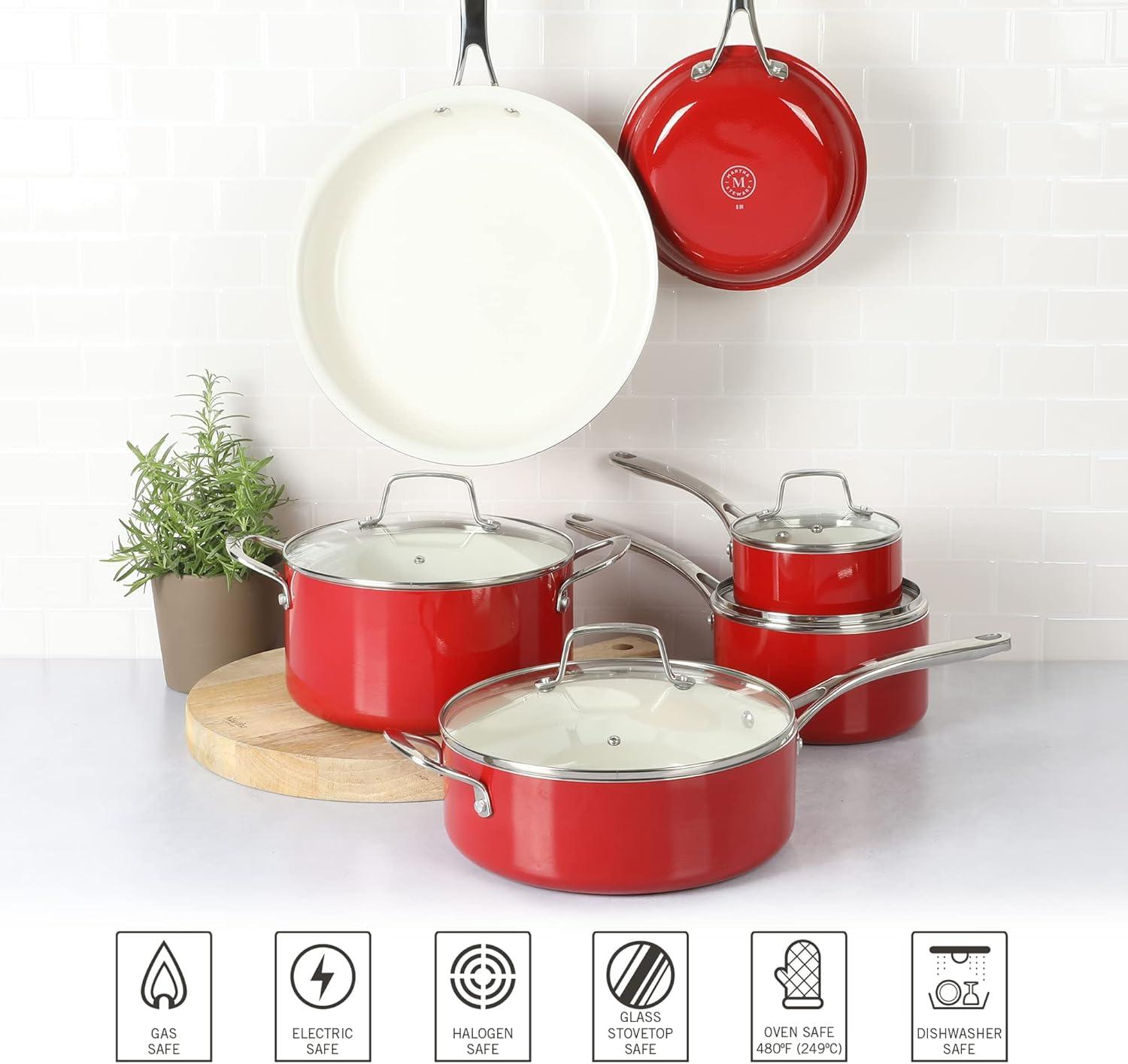 imageMartha Stewart Lockton Premium Nonstick 10 Piece Enamel Heavy Gauge Aluminum Pots and Pans Cookware Set Linen WhiteRed