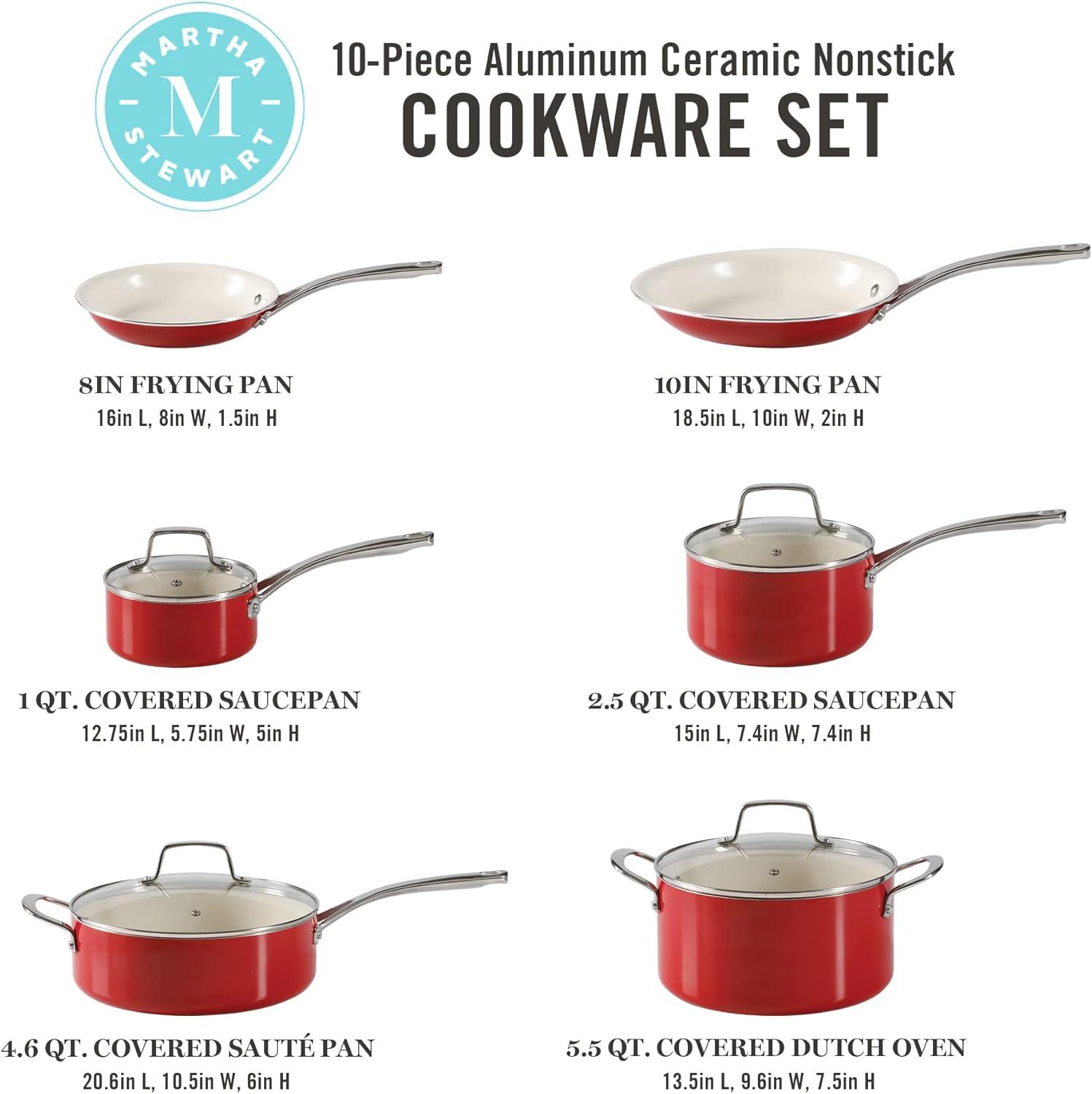imageMartha Stewart Lockton Premium Nonstick 10 Piece Enamel Heavy Gauge Aluminum Pots and Pans Cookware Set Linen WhiteRed