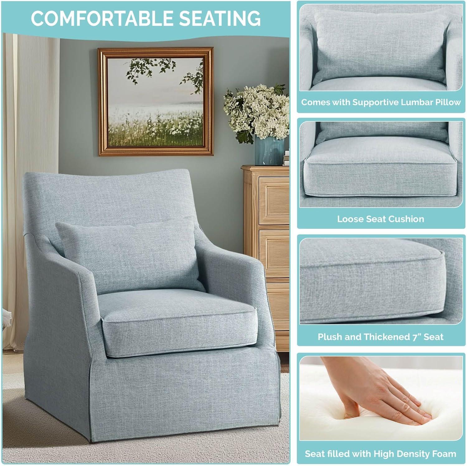 imageMartha Stewart London Swivel Chair Solid Wood ampamp Plywood Skirted Metal Base Accent Armchair Lumbar Pillow Modern Classic Family Room Sofa Furniture Bedroom Lounge 28quotX315quotX3525quot Light BlueLight Blue