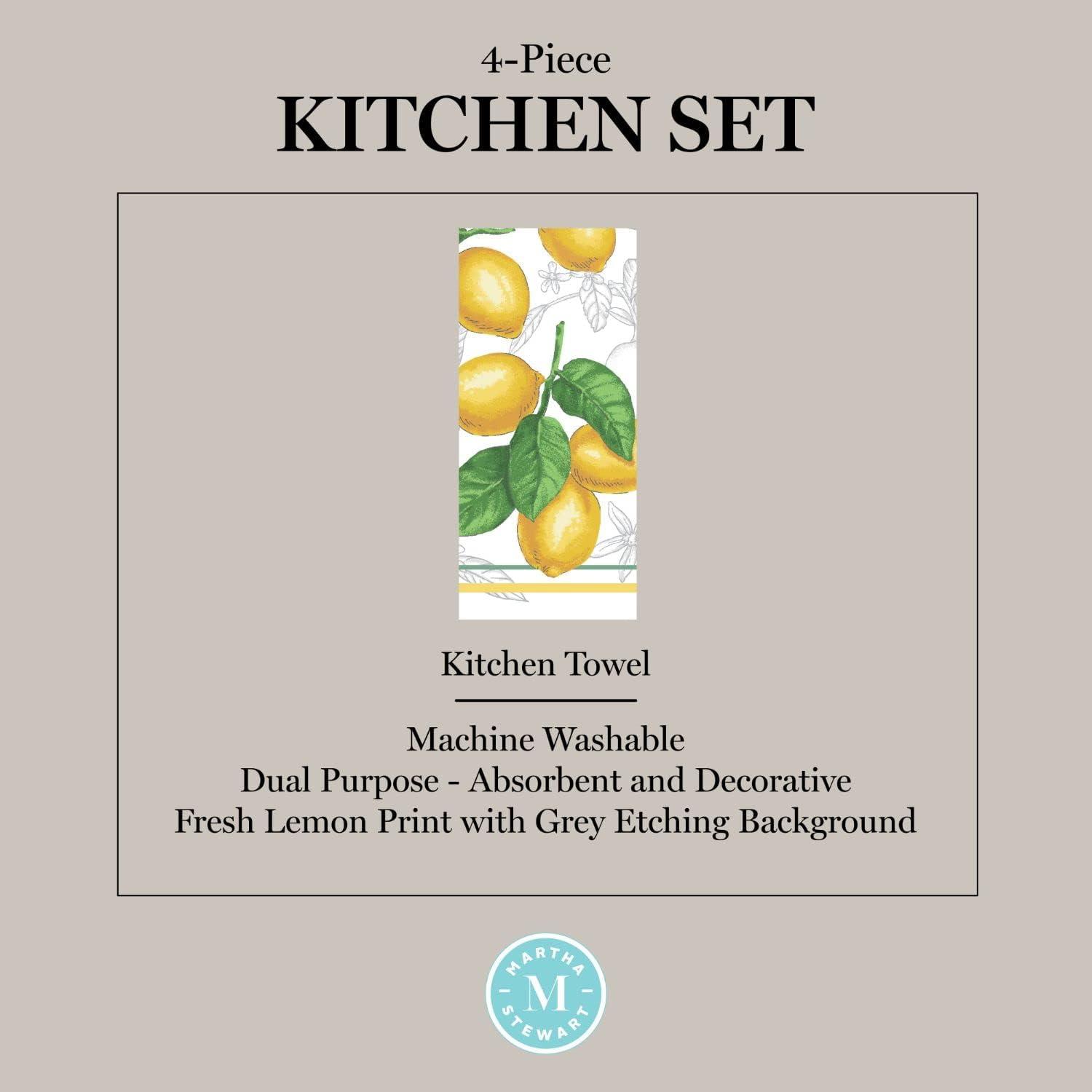 imageMartha Stewart Lots of Lemons Modern Kitchen Towel Oven Mitt ampamp Potholder Set 4Pack WhiteYellow