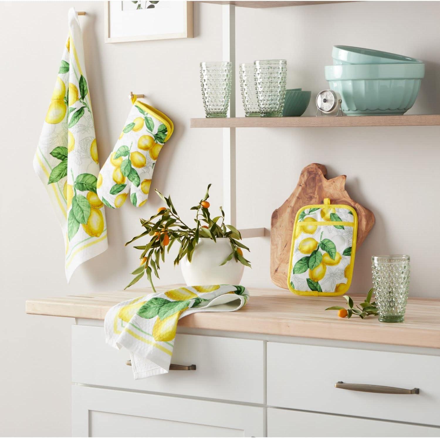 imageMartha Stewart Lots of Lemons Modern Kitchen Towel Oven Mitt ampamp Potholder Set 4Pack WhiteYellow