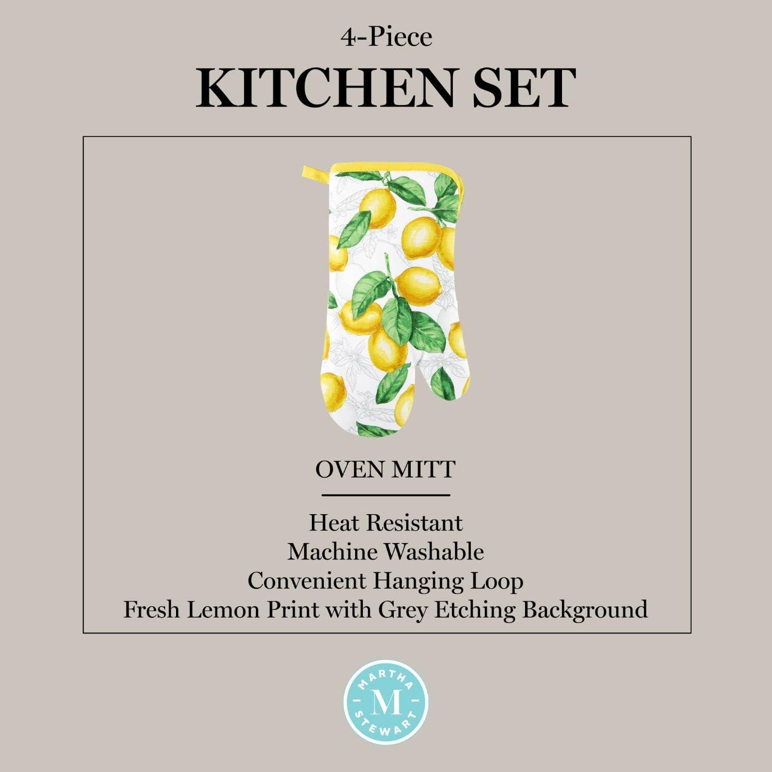 imageMartha Stewart Lots of Lemons Modern Kitchen Towel Oven Mitt ampamp Potholder Set 4Pack WhiteYellow