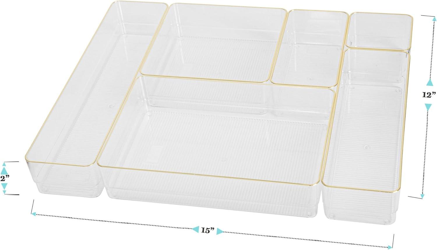 imageMartha Stewart Miles Plastic Stackable Office Desk Drawer Organizers Set of 6 ClearClearGold Trim