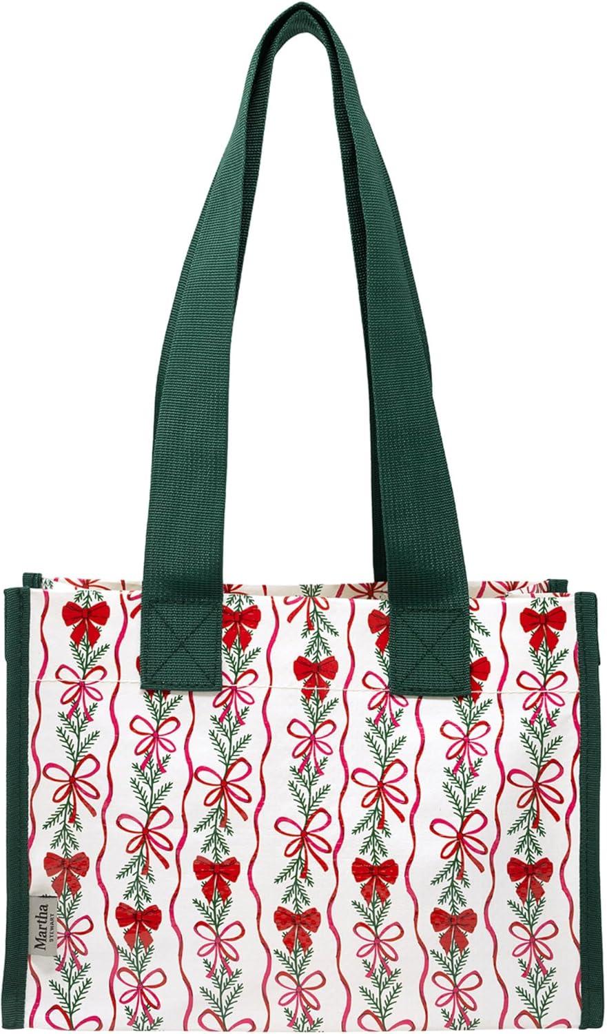 imageMartha Stewart Mini Market Tote Set of 2 Reusable and WaterResistant Eco Holiday Totes Shopping Bags with Long Shoulder Straps Gift or Grocery Bag Set OrnamentsHoliday Bow Stripe