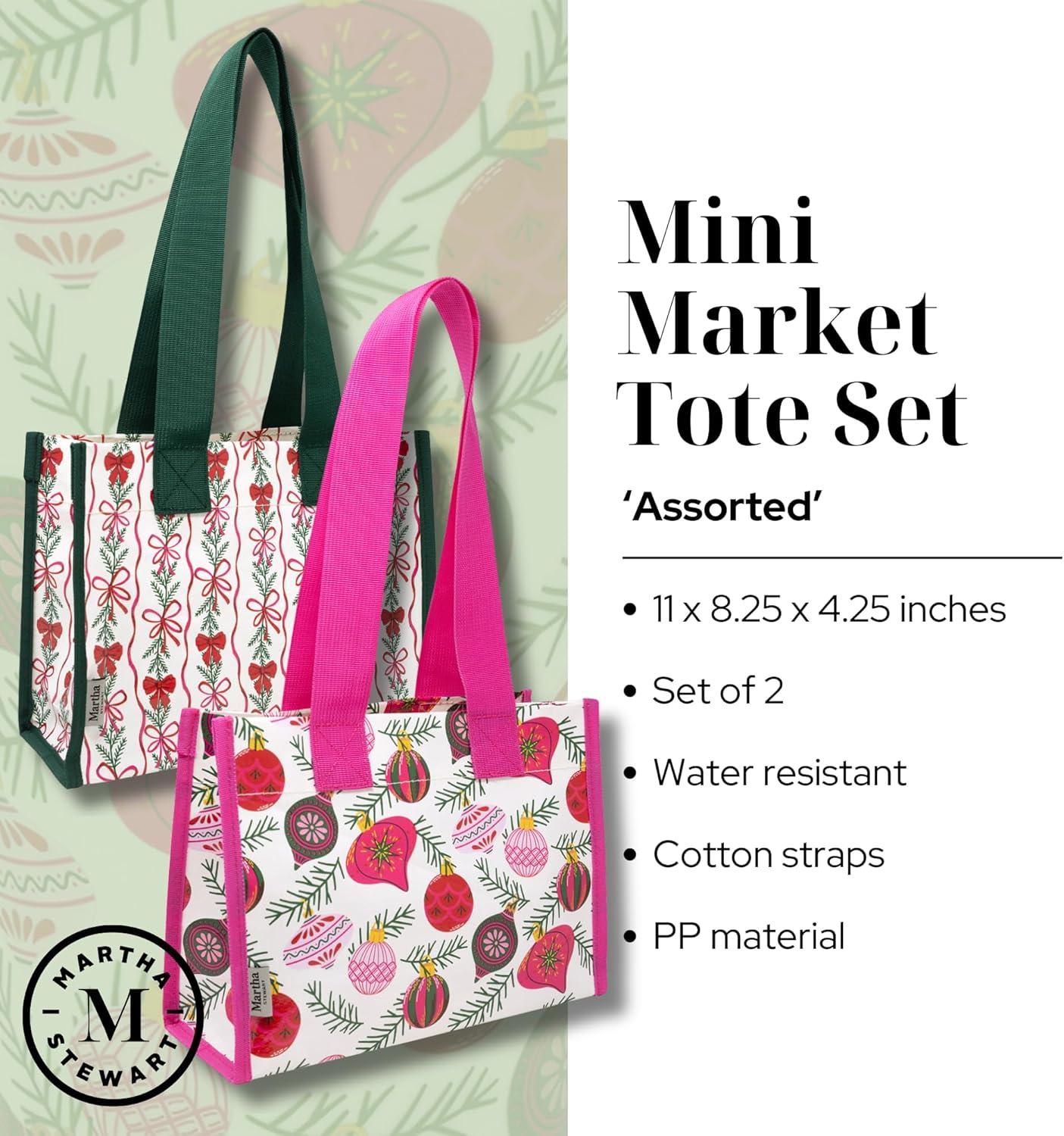 imageMartha Stewart Mini Market Tote Set of 2 Reusable and WaterResistant Eco Holiday Totes Shopping Bags with Long Shoulder Straps Gift or Grocery Bag Set OrnamentsHoliday Bow Stripe