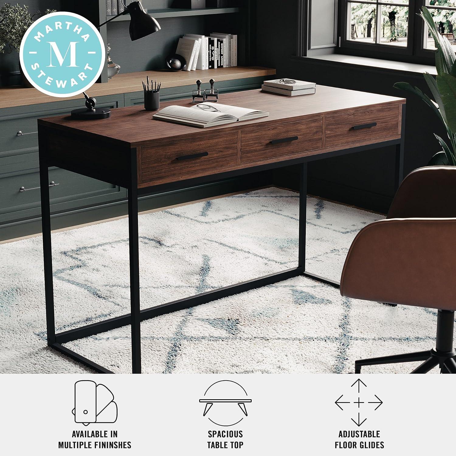 imageMartha Stewart Ollie Home Office Desk with 3 Drawers in Walnut Wood Grain with Polished Brass HardwareWalnut TopOil Rubbed Bronze Frame