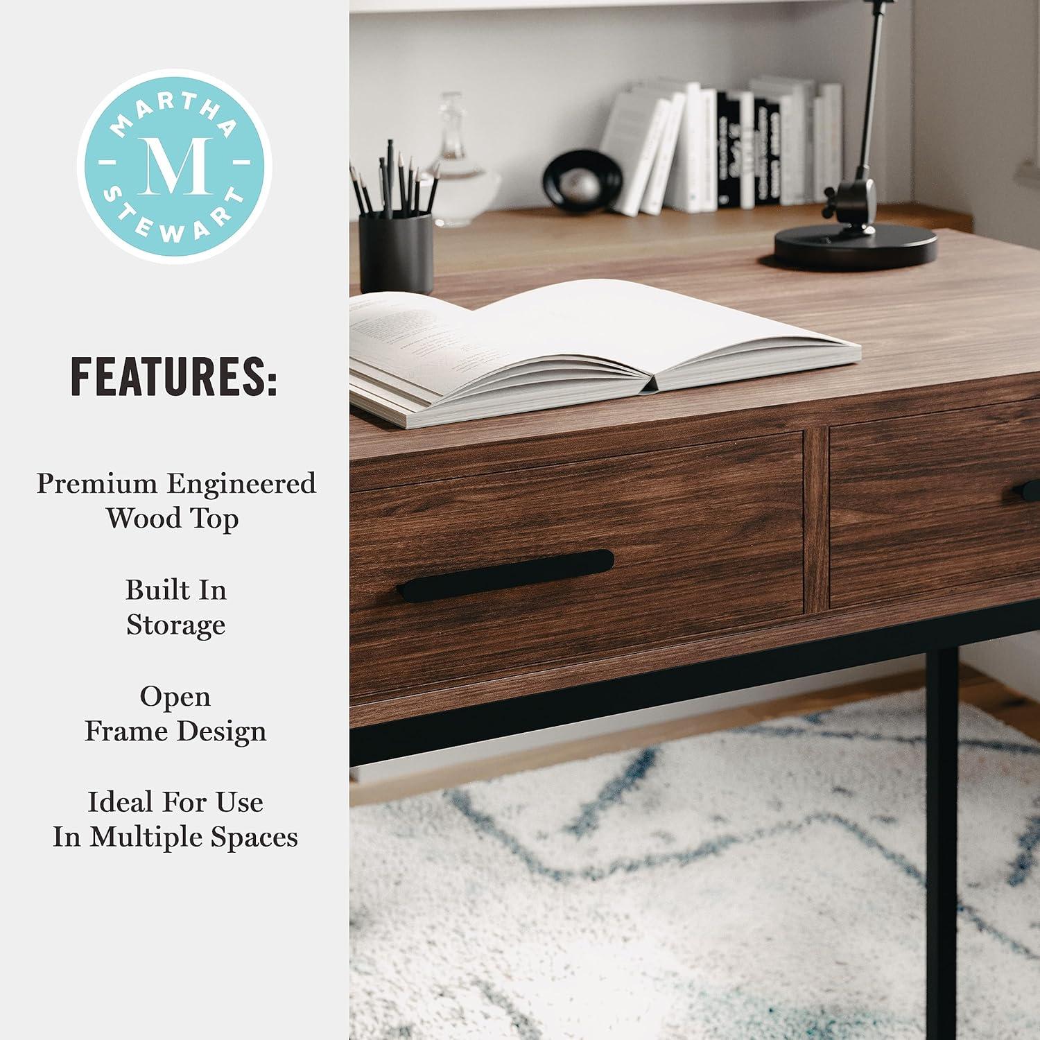 imageMartha Stewart Ollie Home Office Desk with 3 Drawers in Walnut Wood Grain with Polished Brass HardwareWalnut TopOil Rubbed Bronze Frame