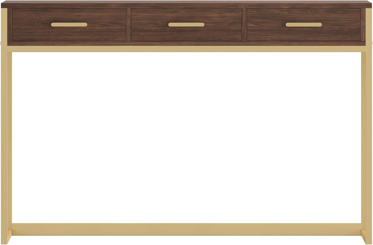 imageMartha Stewart Ollie Home Office Desk with 3 Drawers in Walnut Wood Grain with Polished Brass HardwareWalnut TopPolished Brass Frame