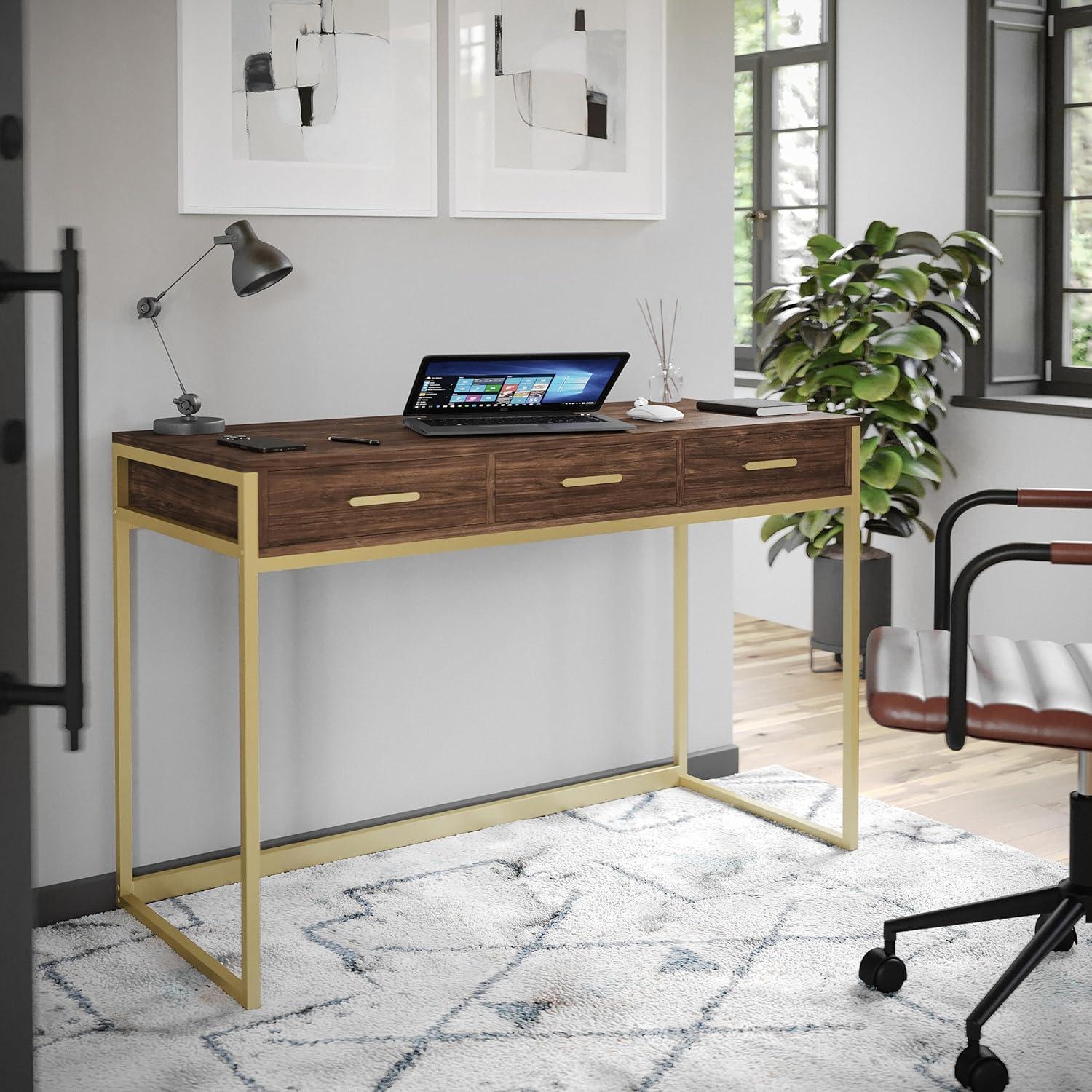 imageMartha Stewart Ollie Home Office Desk with 3 Drawers in Walnut Wood Grain with Polished Brass HardwareWalnut TopPolished Brass Frame